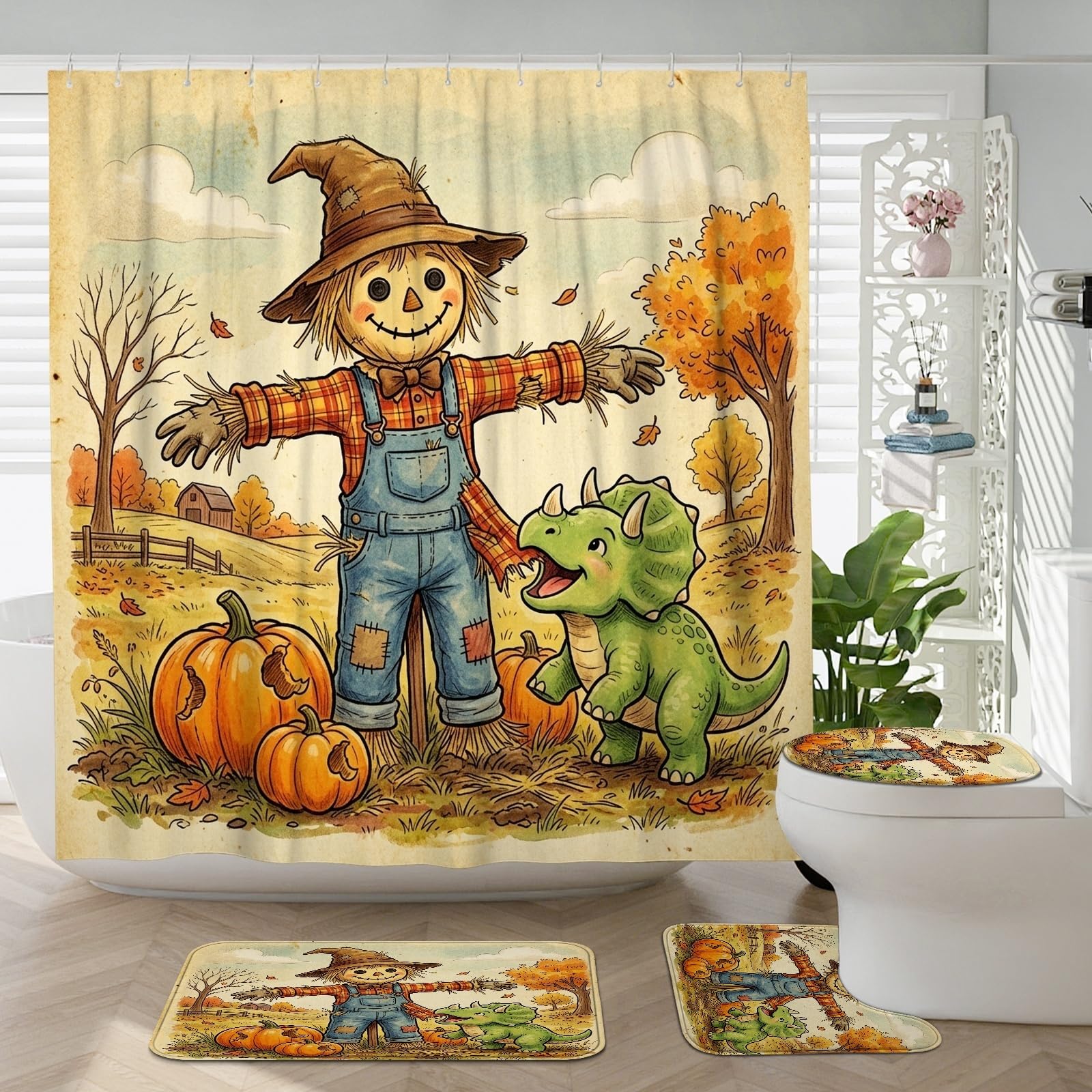 Tapis de bain antidérapant tricératops d'automne set complet de 4 pièces