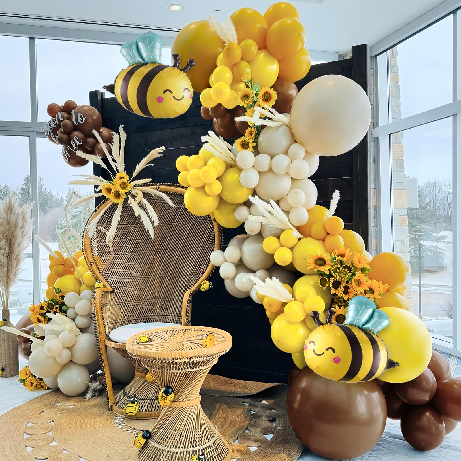 Bee Party Decorations Balloon Arch Kit,138Pcs Mustard Yellow Brown Sand White Balloon Garland with Bumble Bee Foil Balloons for Oh Babee Theme Baby Shower Birthday Party Decoration