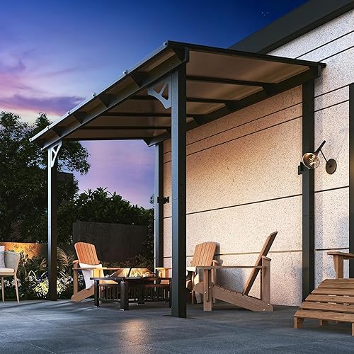 Aoxun 8’x 5’ Premium Gazebo with Aluminum Top Frame & Polycarbonate Panel, Wall Mounted Gazebos Pergola, Outdoor Patio Lean to Gazebo, Awnings with Sloped Roof, for Backyard, Porch, Deck