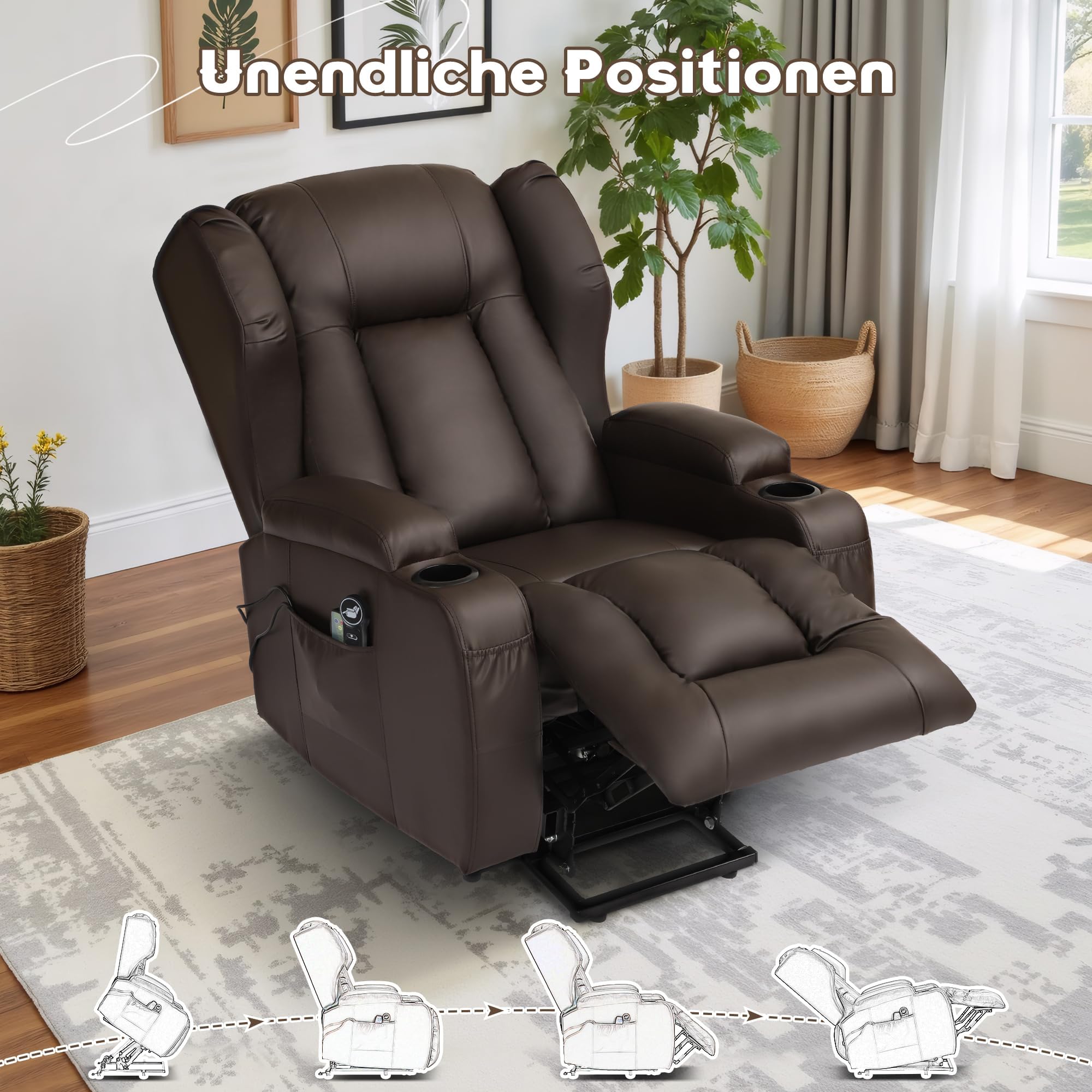 Fernsehsessel mit Aufstehhilfe Elektrisch, Relaxsessel mit Liegefunktion, Massagesessel mit Massage Wärmefunktion Seniorensessel für Senioren, 2 Seitentaschen und Getränkehalters (Braun)