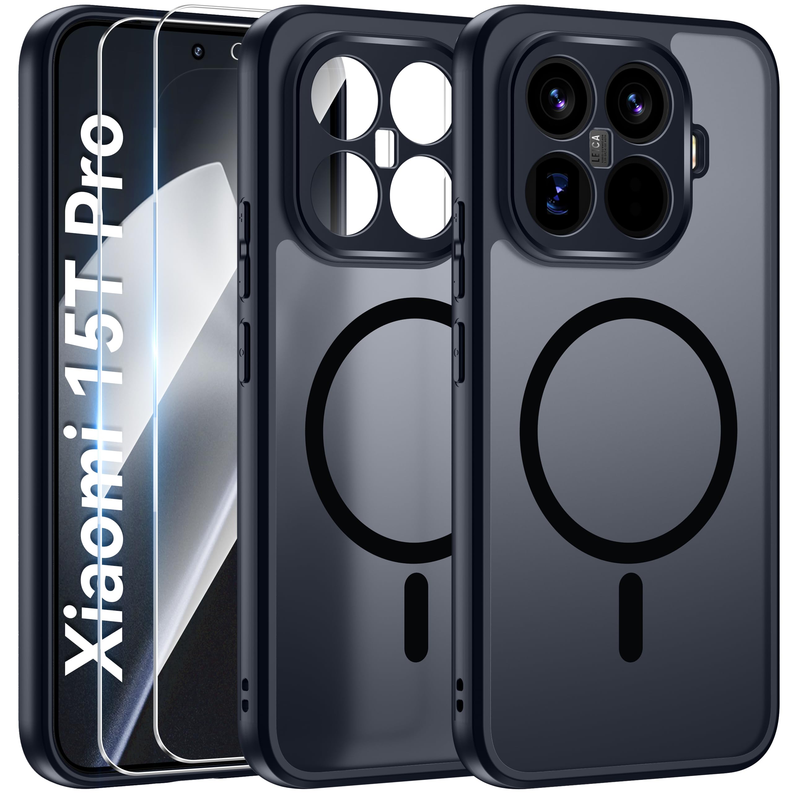 Opkiegrn Magnetisch für Xiaomi 15T Pro 5G Hülle, Schwarz | 2x Schutzfolie, Kompatibel mit MagSafe, Vollständiger Kameraschutz, Stoßfest Transluzente Matt Schutzhülle Xiaomi 15T Pro