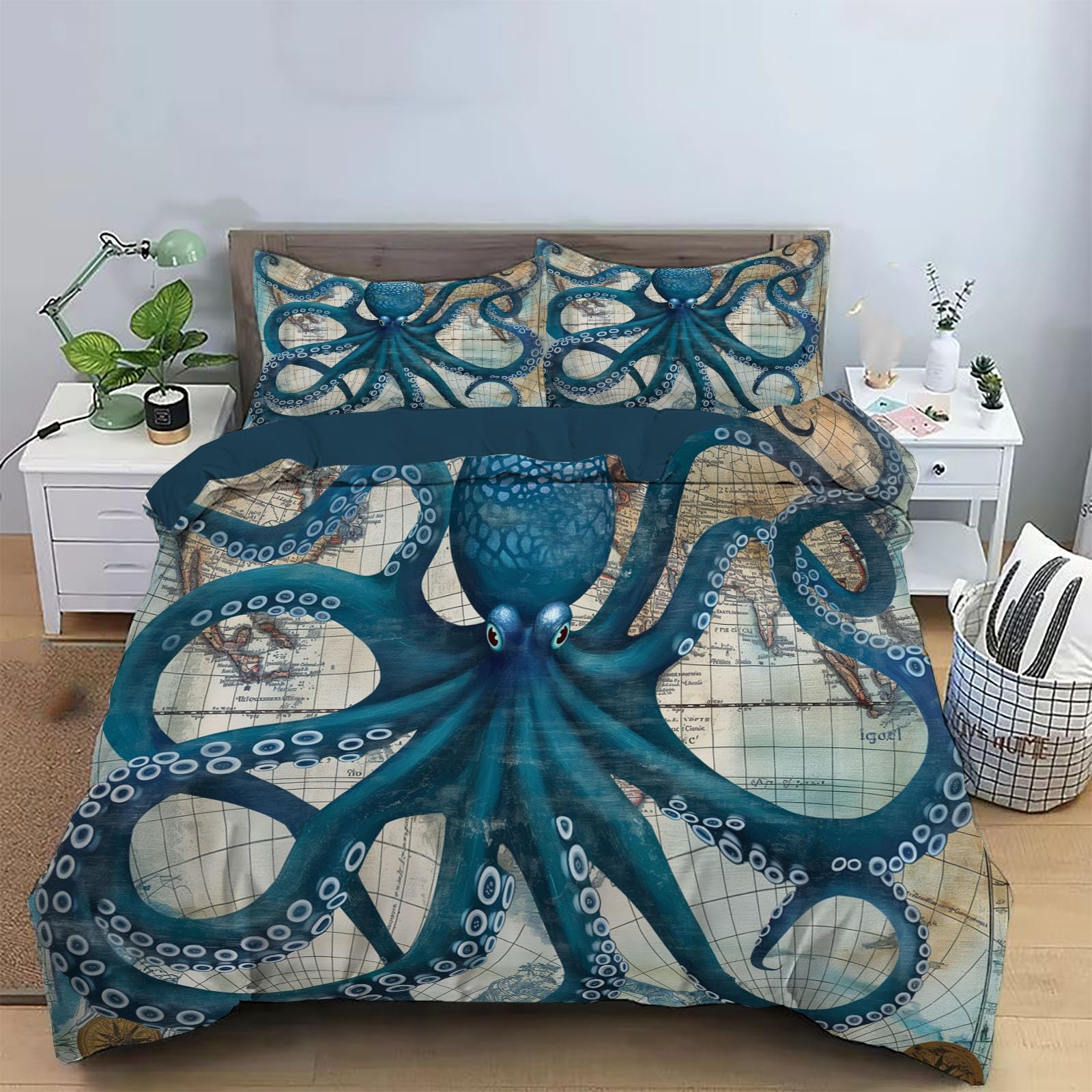 Housse de couette pieuvre 140x200cm avec ses 2 taies d'oreiller en microfibres pour lit 2 personnes