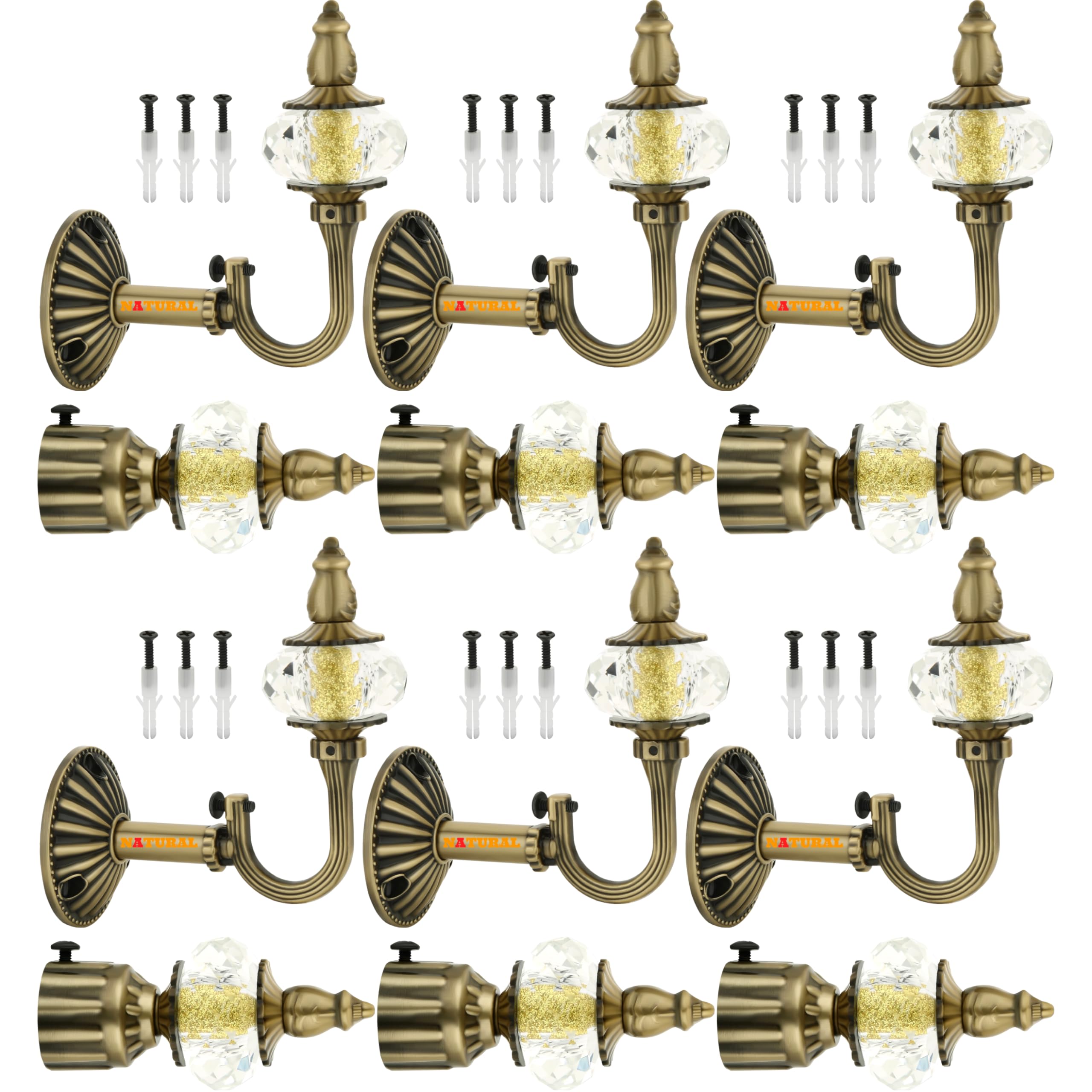 NATURAL Heavy Duty Aluminum Royal Luxury Design Curtain Bracket/Finial and Curtain Support with Screw/Wallplug for Window & Door Curtain Fittings Suitable Upto 1 Inch Pipe. (6 Set, Antique Brass)