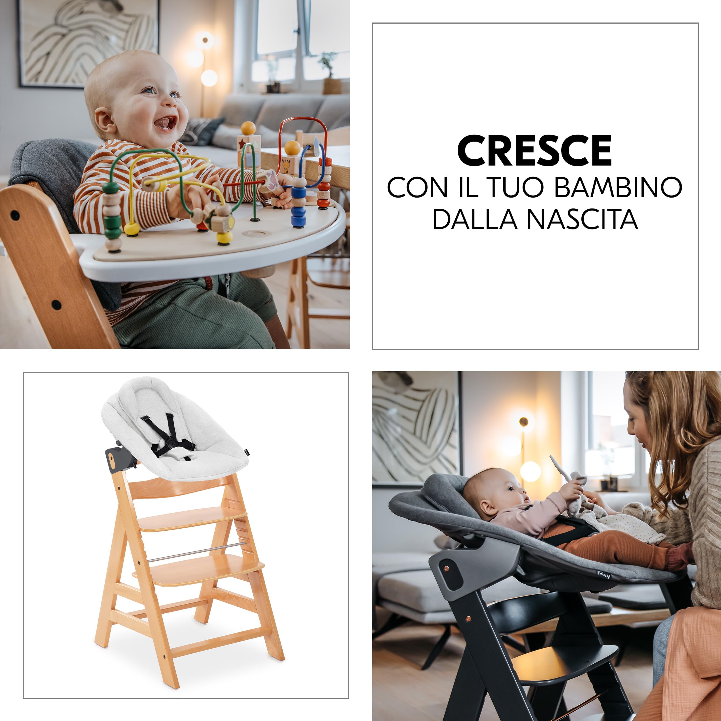 hauck Seggiolone Pappa Evolutivo Alpha Plus Newborn Set Premium, dalla Nascita, con Sdraietta Neonati 2in1 Regolabile e Dondolo, Cintura a 5 Punti e Cuscino in Cotone (Bouncer Light Grey, Naturale)