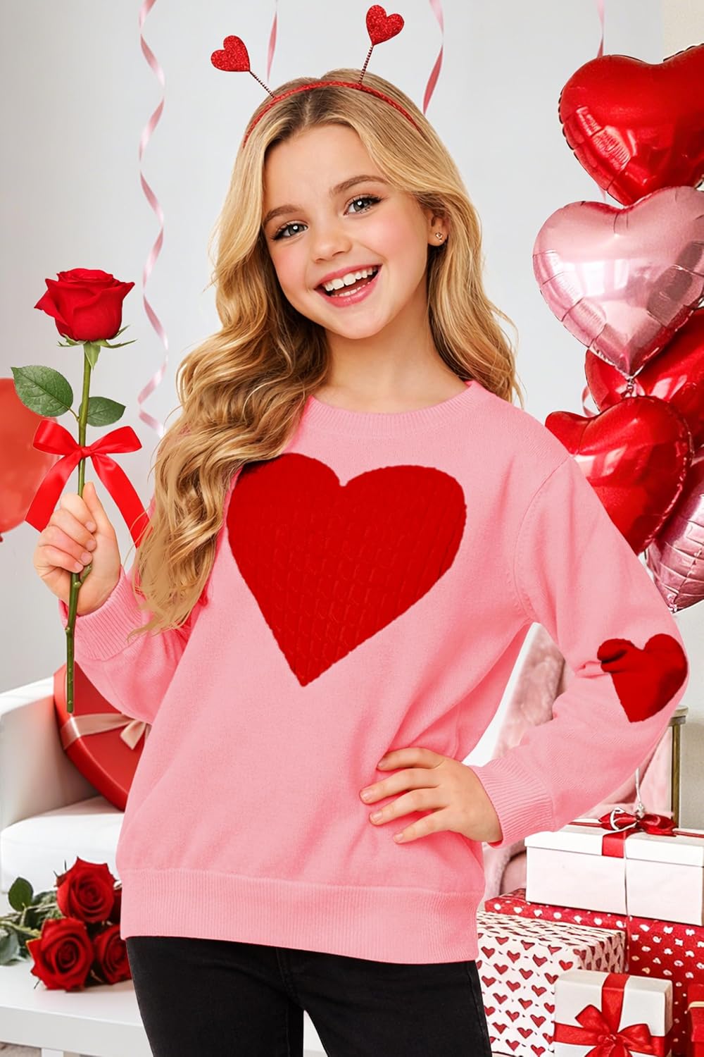 Girls Valentine Sweater Kids Long Sleeve Cute Heart Winter Holiday Knit Pullover 5-14 Years - Image 2