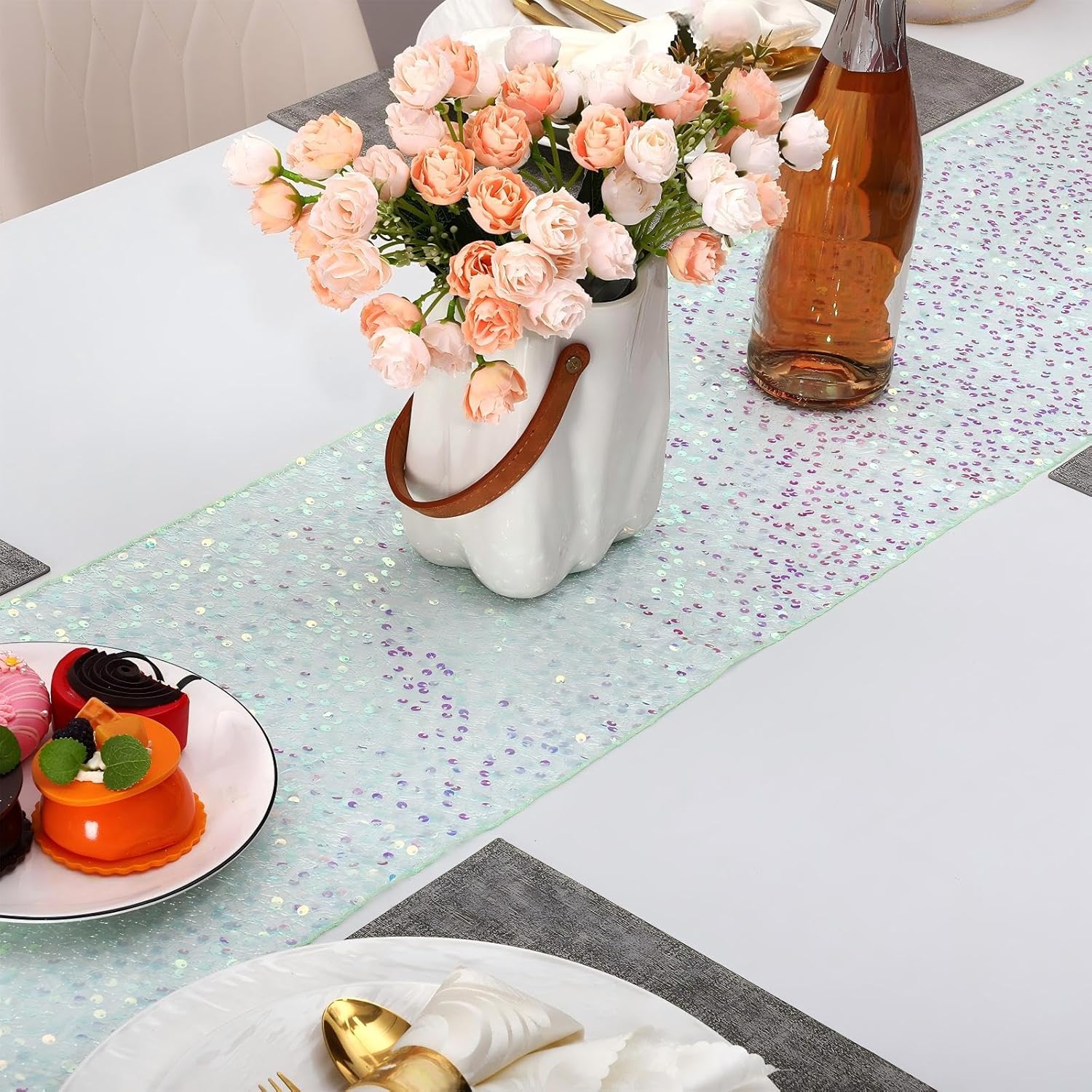 Thinkday 5 Pcs Iridescent Table Runner 12 x 108 Inch Mermaid Table Runner Glitter Desk Cover for Mermaid Themed Party Supplies Wedding Birthday Decor