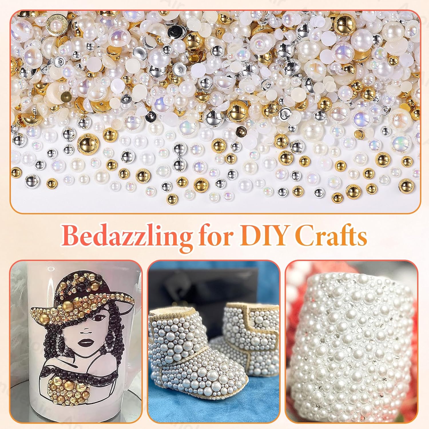 9000Pcs Half Pearls for Crafting, Gold Silver White Flatback Pearls for Bedazzling, Flatback Gold Pearl for Nails, ABS Pearl Nail Beads Gems for Nails DIY Crafts Shoes Clothes Bags DIY Making - Image 5