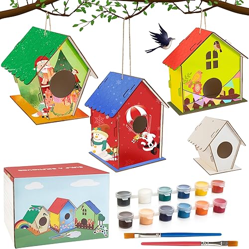 Treewant Paquete de 6 kits de casa de pájaros, arte y manualidades para KDS de 3 a 8 años, construir y pintar casa de pájaros, kits de arte de