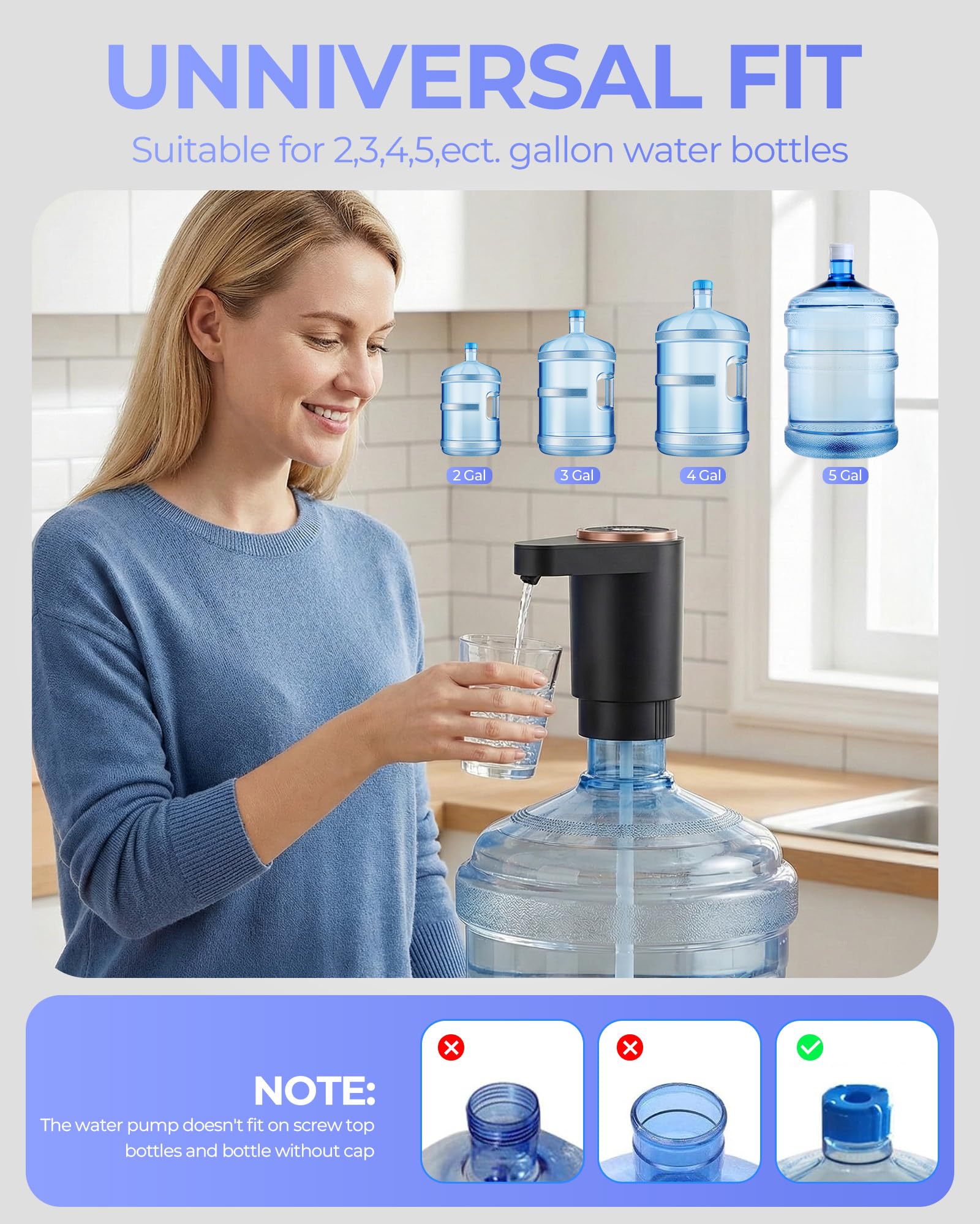 Water Bottle Pump, Portable Electric Water Dispenser Pump for 5 Gallon Bottles - USB Charging, Automatic Switch, Rechargeable Battery for Home Kitchen Room Camping