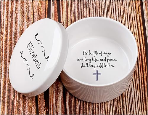 kullder Caja de recuerdo de bautismo personalizada para confirmación de bautizo, primera comunión, caja de joyería personalizada de cerámica para