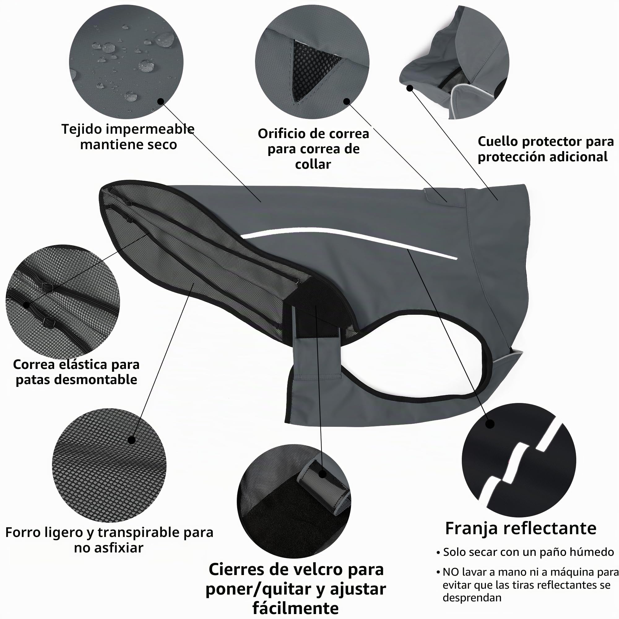 Milla de Vida Alta | Chubasquero para Perros | Ropa para Mascotas Ajustable e Impermeable | Chaqueta Impermeable Ligera con Raya Reflectante | Fácil de Poner (Gris Oscuro, S)