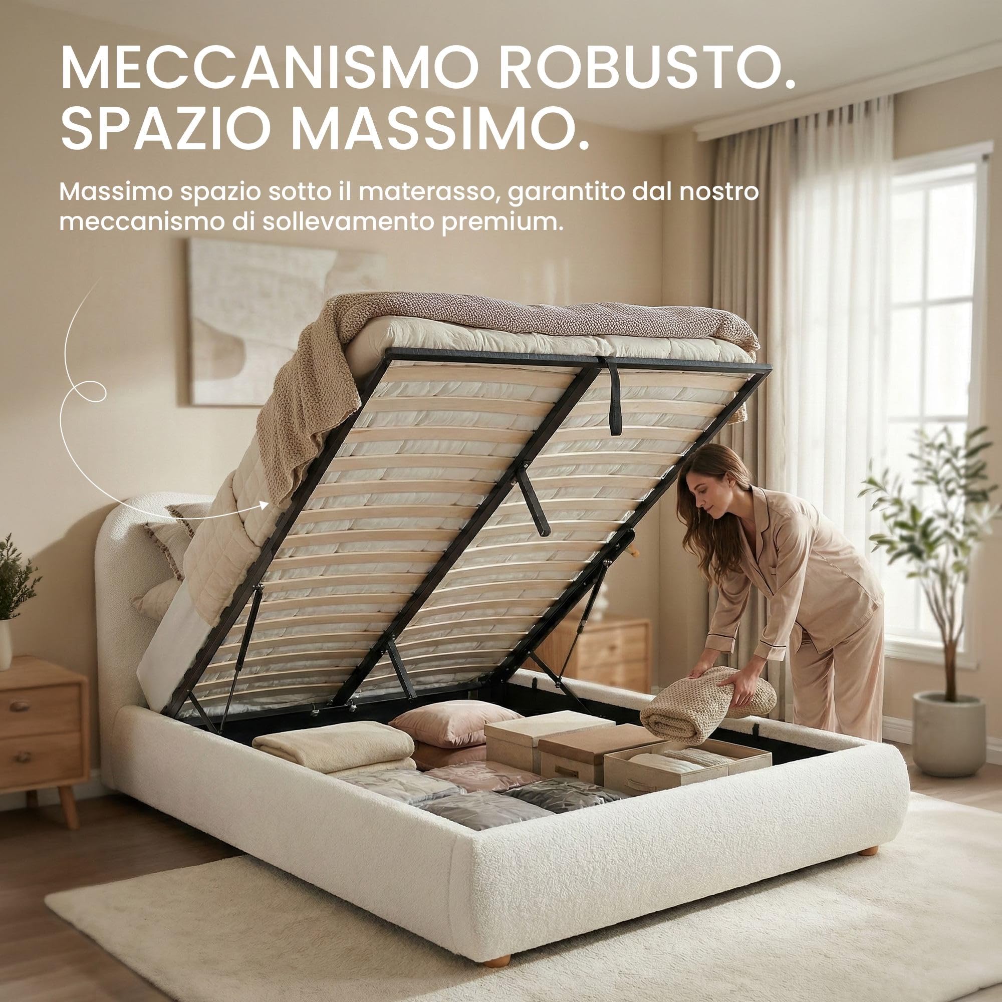 CLP Letto imbottito con contenitore Maido, struttura per materassi, rete con meccanismo di sollevamento, letto matrimoniale in tessuto Teddy, Colore:crema, Dimensione:160x200 cm