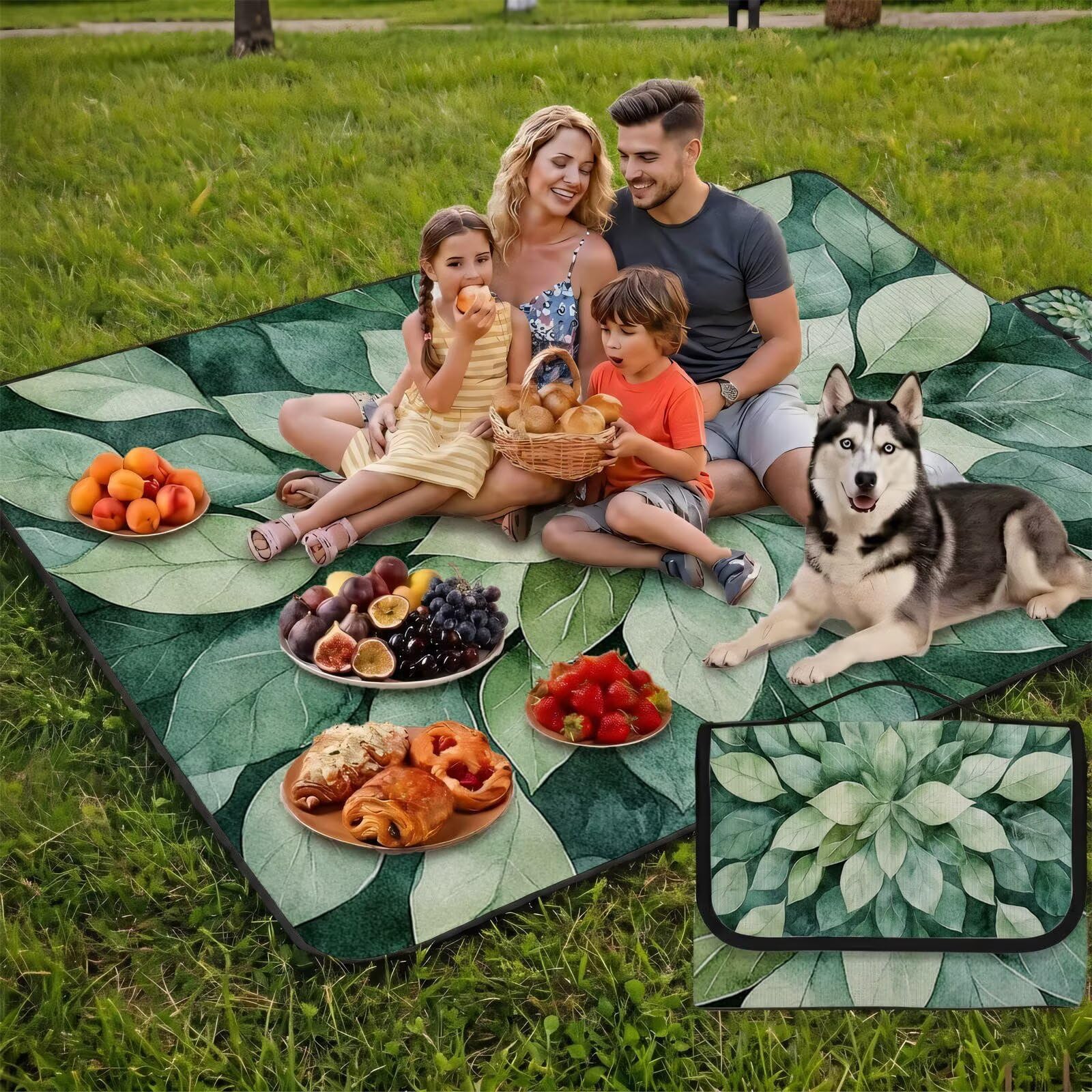 Couverture Pique Nique Grande 200x300cm,Outdoor Couverture Imperméable,Pliable Tapis de Plage Dos en PVC,Picnic Blanket pour Camping Accessoires,Jardin,Parc - Couleur œuf de Canard,Feuilles UZ-665