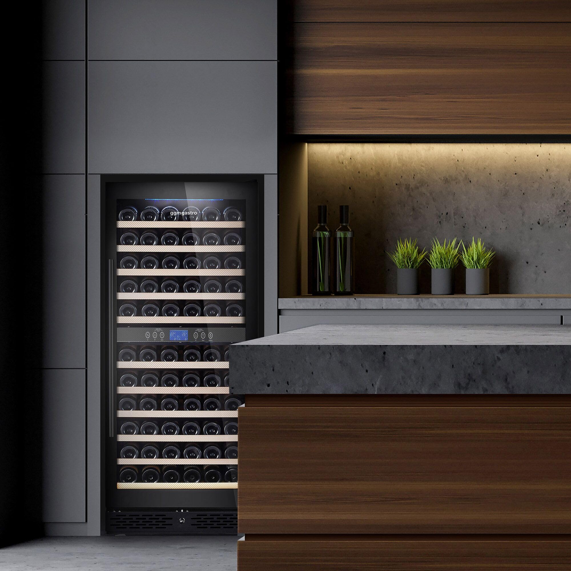 GGM Gastro Weinkühlschrank 2 Klimazonen 350 L 116 Flaschen | Präzise digitale Steuerung, abschließbare Edelstahltür, stimmungsvolle LED-Beleuchtung, ideal für den Gastronomie-Einsatz