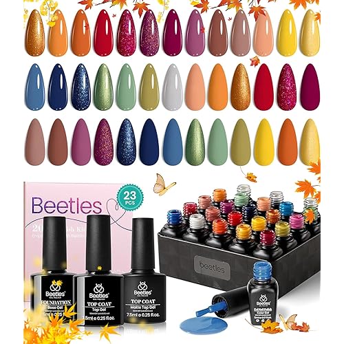 Beetles Fall Gel Polish Set, 20 Colors Orange Yellow Burgundy Red Glitter Green Shades Gel Nail Polish with Base Matte & Glossy Top Coat Soak off Manicure Gifts for Women