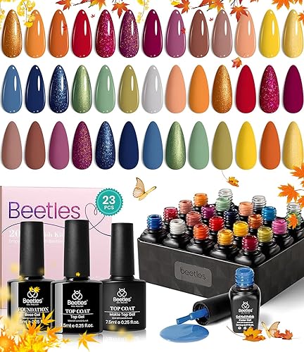 beetles Gel Polish Juego de 23 esmaltes de uñas de gel, 20 colores, naranja, marrón, rojo, azul real, verde, UV, esmalte de uñas de gel y 3 piezas,