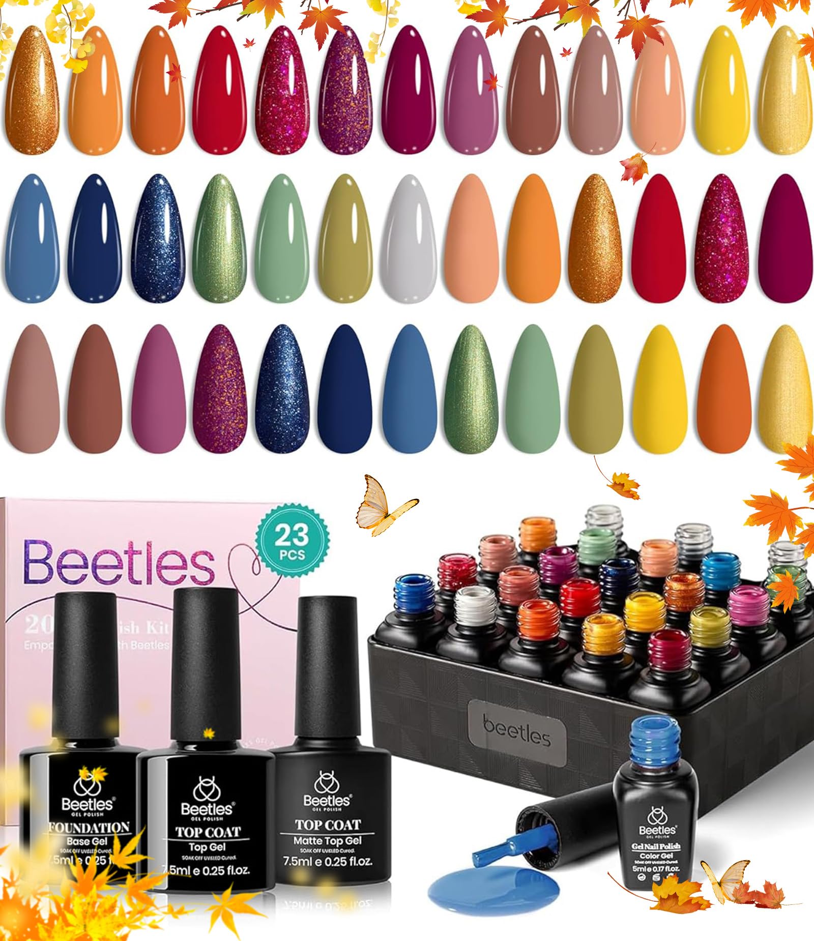 Beetles Fall Gel Polish Set, 20 Colors Orange Yellow Burgundy Red Glitter Green Shades Gel Nail Polish with Base Matte & Glossy Top Coat Soak off Manicure Gifts for Women