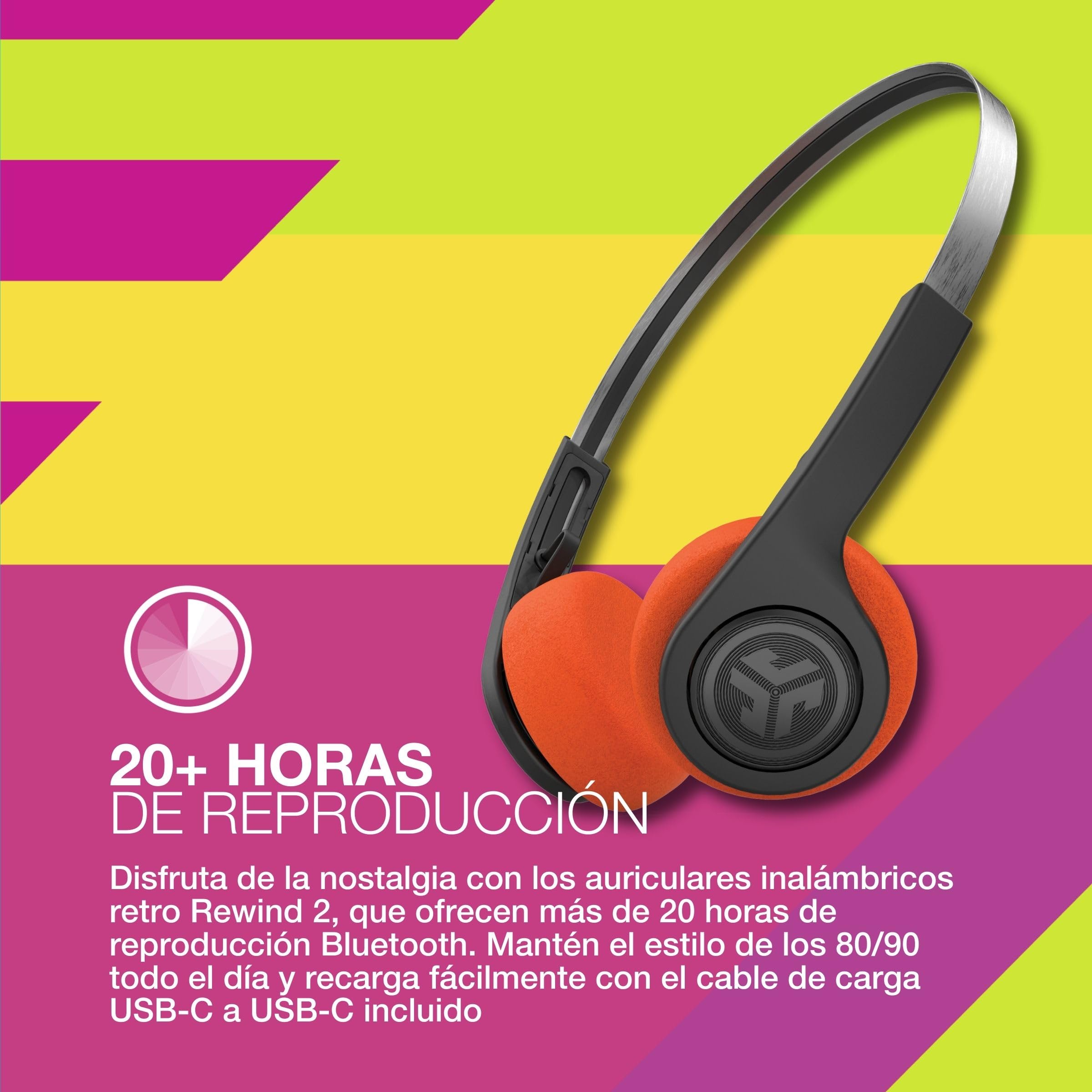 JLab Auriculares Retro, Auriculares Inalámbricos Rewind 2: con Controles de Aplicación Personalizados, Más de 20 Horas de Reproducción Bluetooth, Livianos y Vintage con Mic