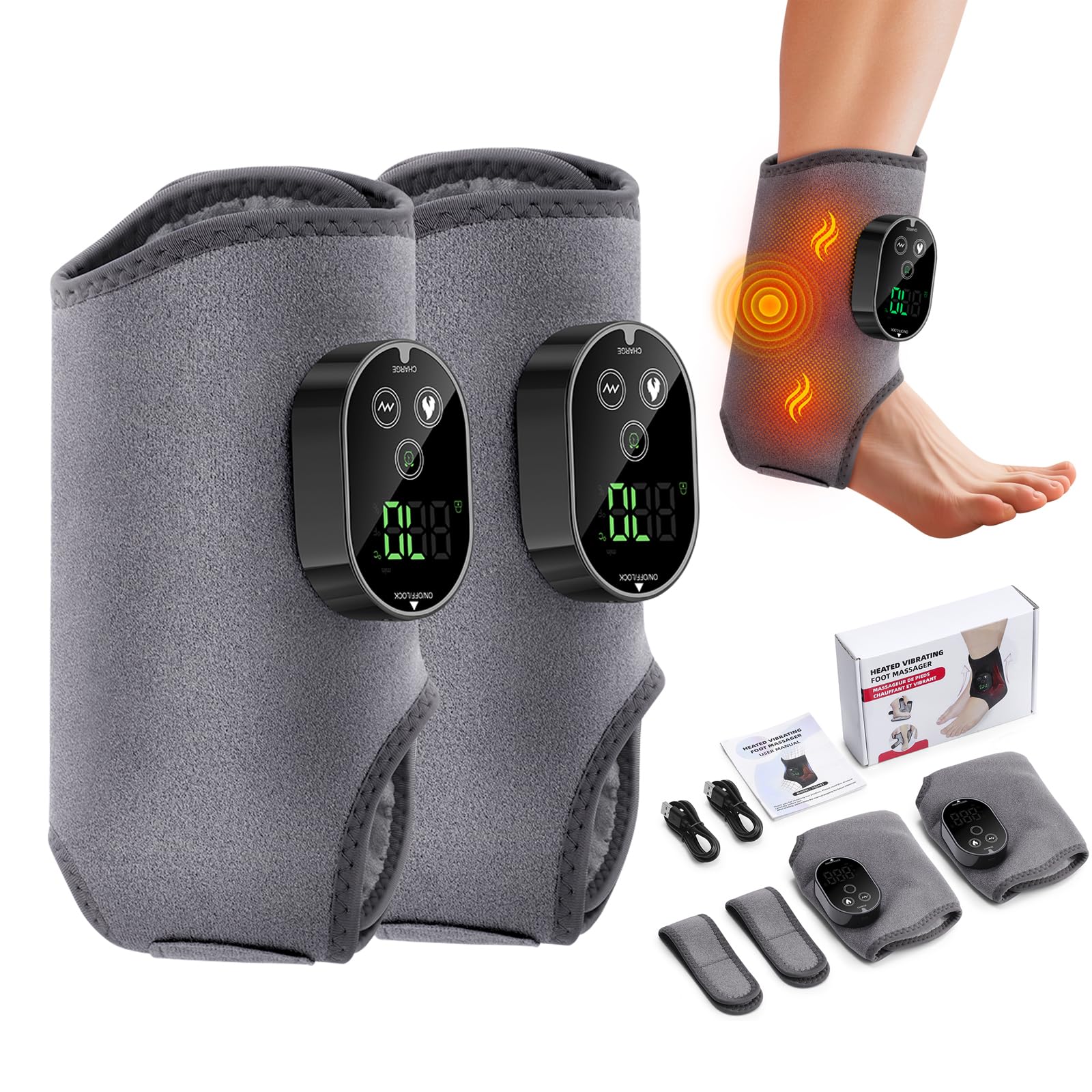 2 masajeadores de pies 3 en 1 con función de calor, batería de 3000 mAh, 3 modos | Para masaje de pies en casa o de viaje, con calefacción de planta y 6 niveles de calor para ajuste individual
