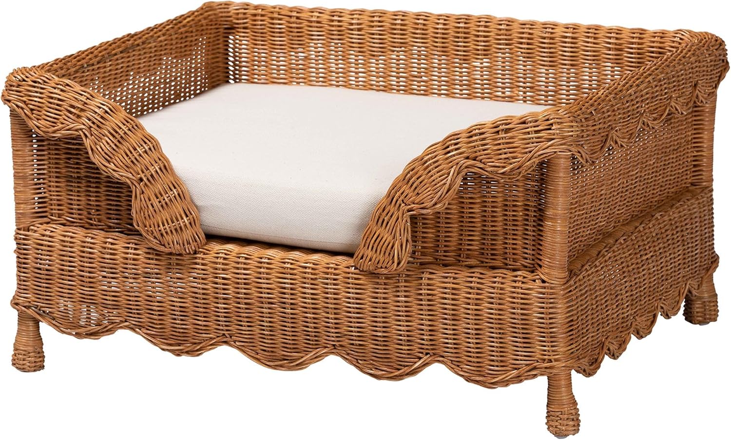 Bali & pari Papina Natural Rattan Pet Bed with Scalloped Sides - Handwoven Wicker Enclosed Lounge Bed for Dogs and Cats with Removable Cushion, 31.5"