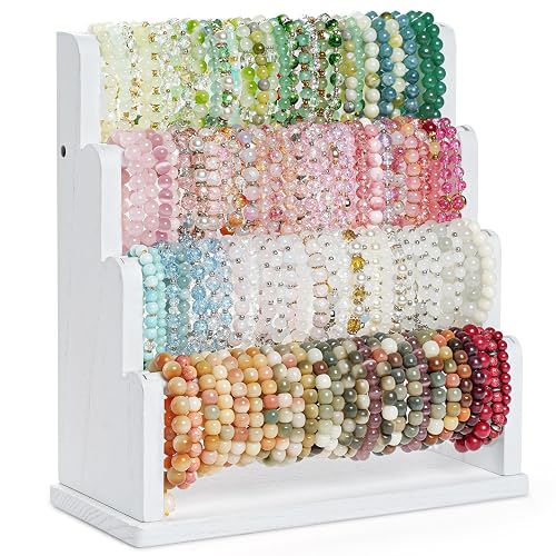 Emfogo Bracelet Holder, 4 Tier Bracelet Organizer Storage for Bracelets Bangles Watch Scrunchies, Rustic Wood Jewelry Organizer Display for Home, Vendors, Craft Shows and Store(White) - White