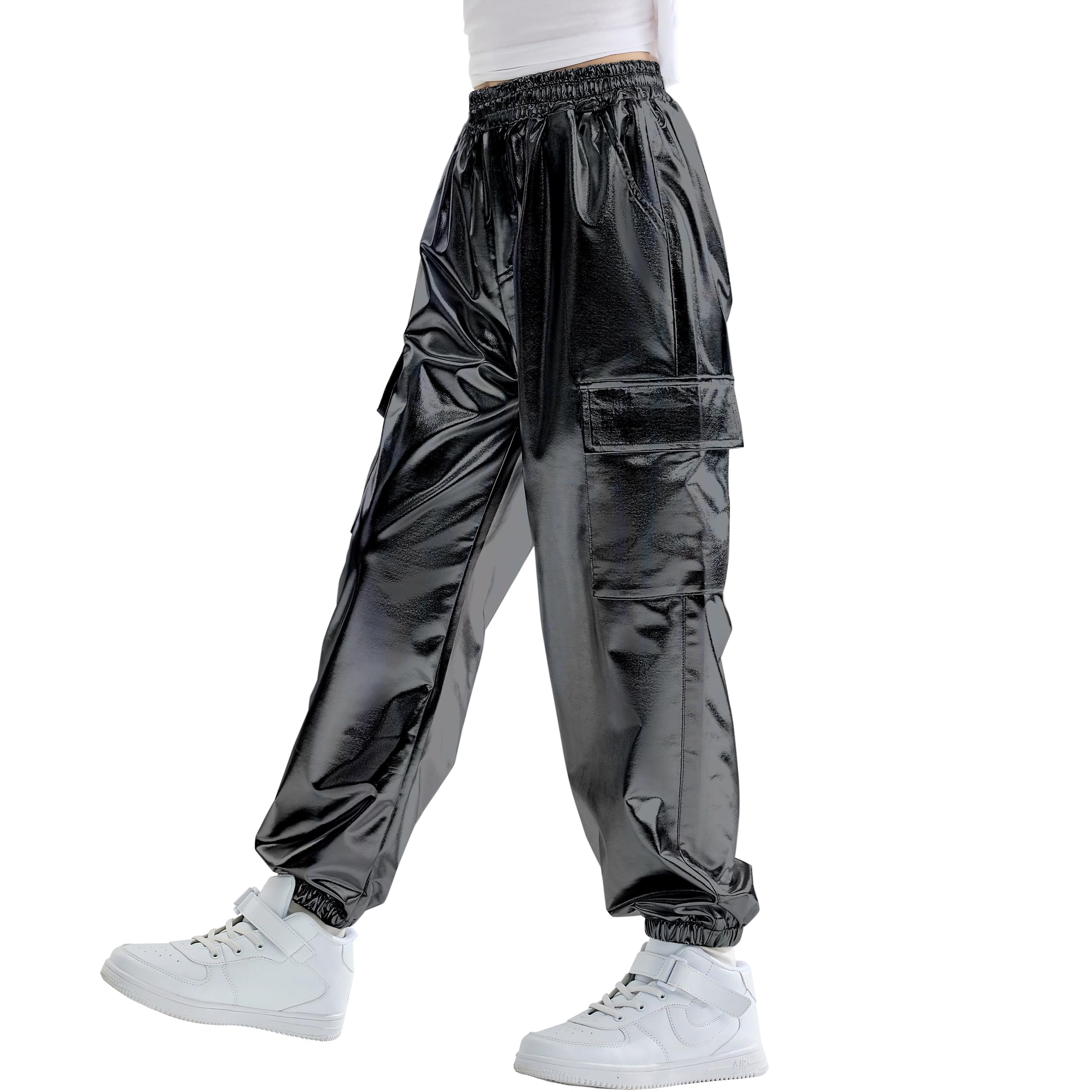 Rolanko Cargo Hosen für Mädchen, Metallische Tanz Hip Hop Hosen für Kinder Mit Elastischem Bund, Retro Disco Streetwear