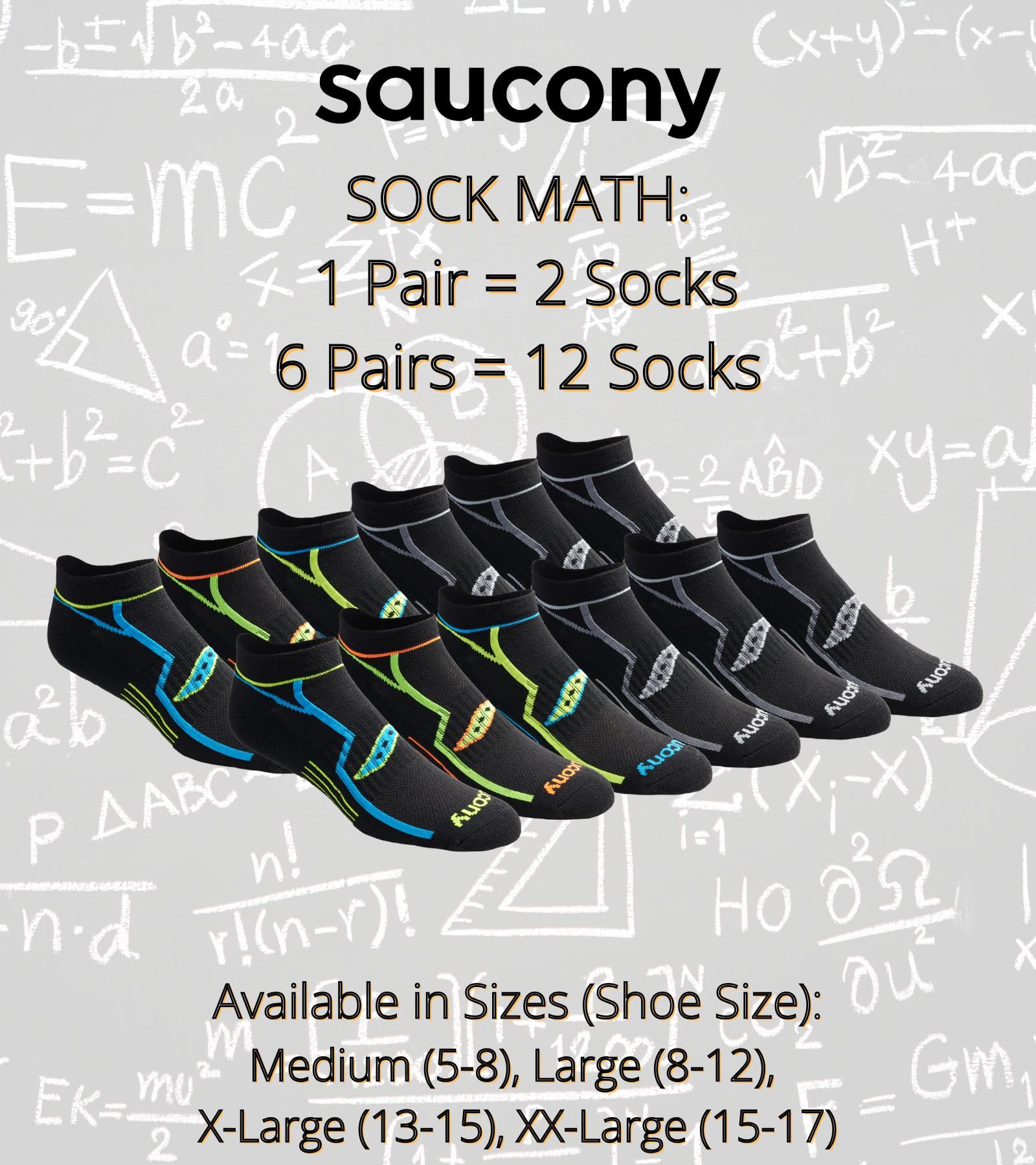 Saucony Męskie wielopak Bolt Performance Comfort Fit No-Show Socks, czarne różne (6 par), rozmiar buta: 13-15