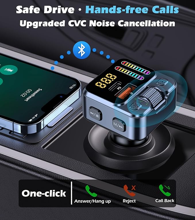 Adaptador Bluetooth 5.3 FM 42W Carga Rápida USB-C + USB-A miniatura 3