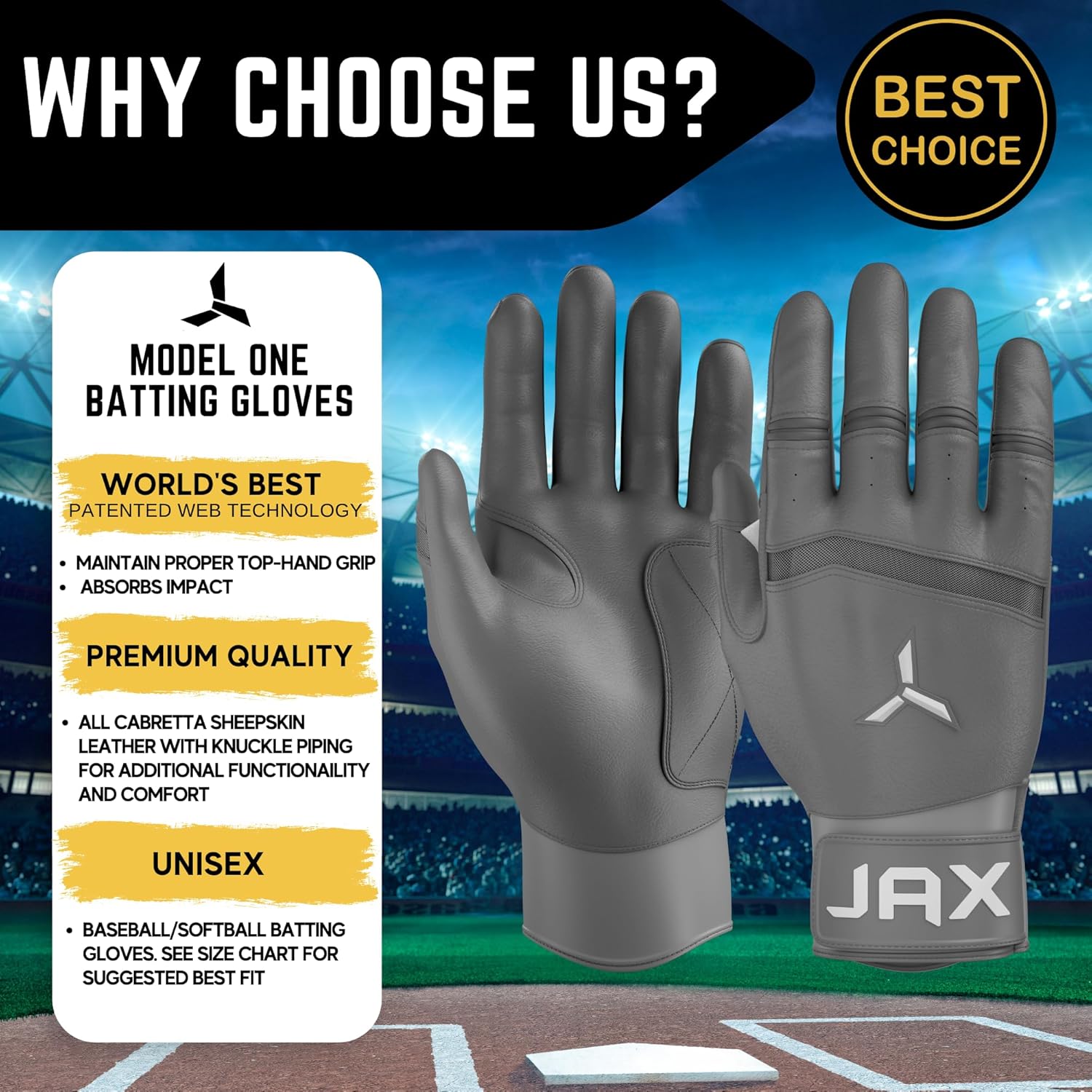 JAX Batting Gloves Model One Youth and Adult Baseball Batting
