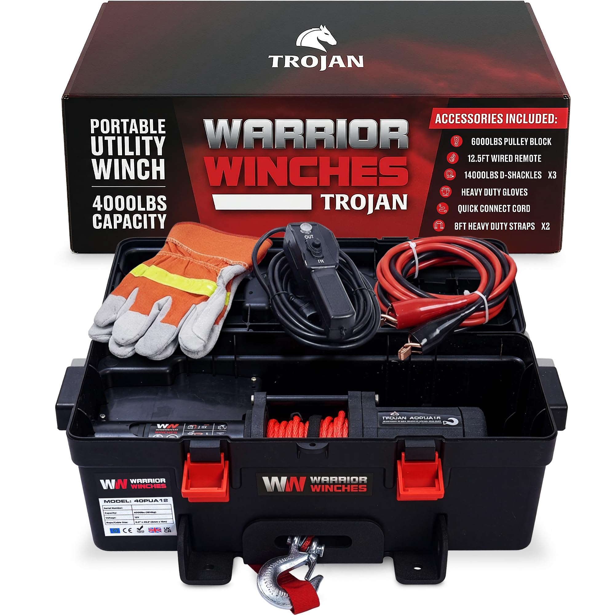 Trojan Portable 12v Electric Winch 4,000lbs - ATV/UTV Winch with Synthetic Rope, Easy to Carry, No Installation – Ideal for Truck, Off-Roading, Utility Tasks, Trailer Winch