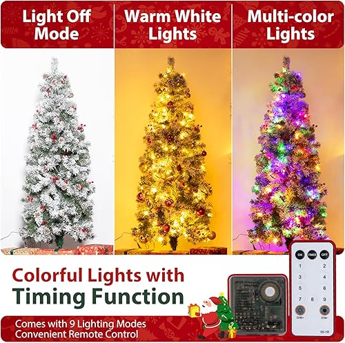 Miniatura 5 de BRINJOY Árbol de Navidad preiluminado de 6 pies, árbol de Navidad artificial flocado con conos de pino, 608 puntas de rama, 250 luces multicolor,