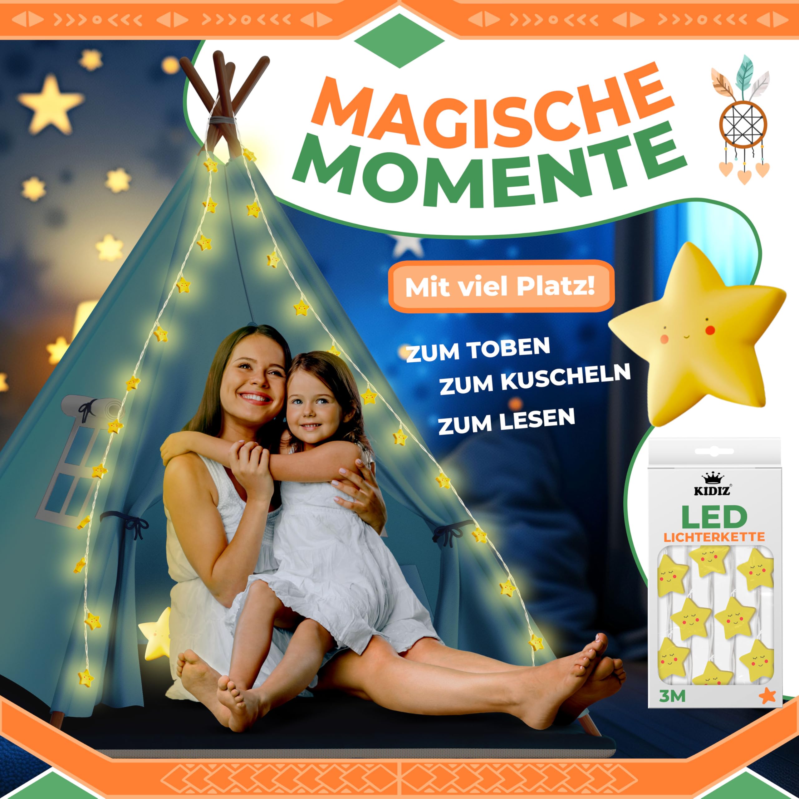 KIDIZ® Tipi Tenda da gioco per bambini 100 x 100 x 160 cm cotone con LED