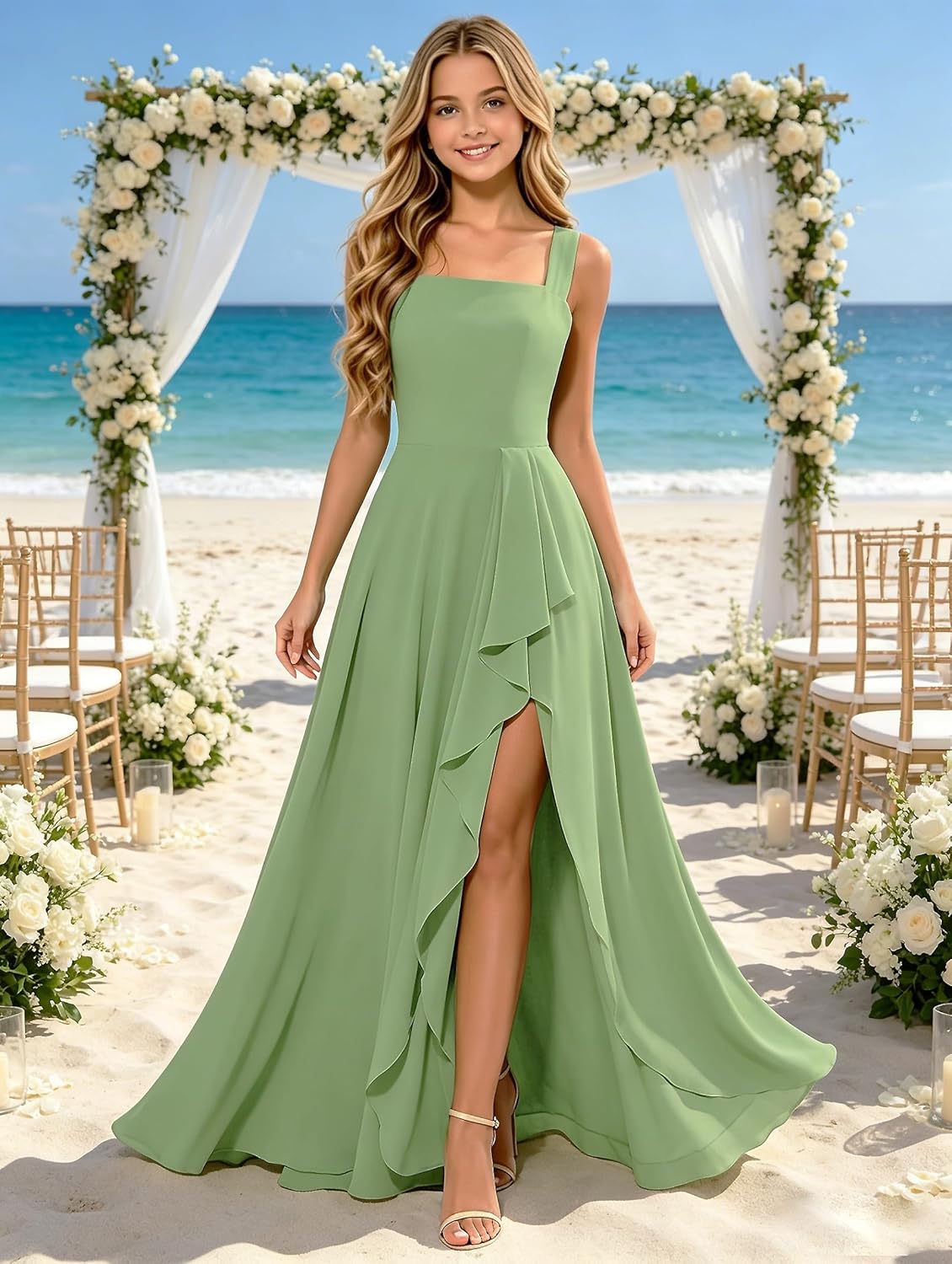 Junior Bridesmaid Dresses for Teen Girls Chiffon Flower Girl Dress for Wedding Formal Party Dance Gown with Slit