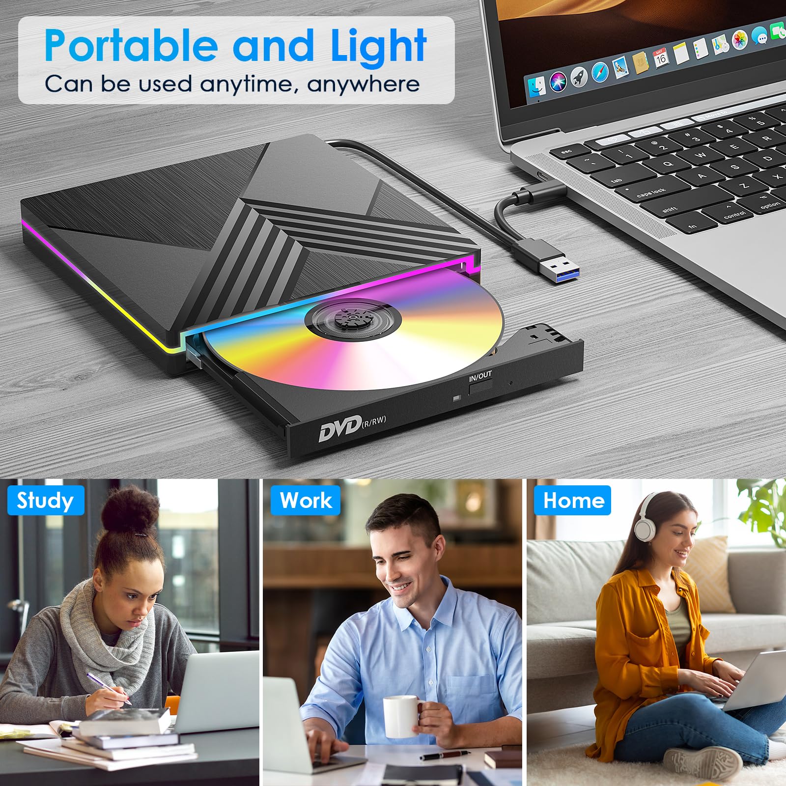 Zewnętrzny odtwarzacz CD DVD, USB 3.0 i Type-C Nagrywarka CD DVD Napęd zewnętrzny, zewnętrzny dyskietek RGB DVD +/-RW Napęd dla komputerów PC Laptop Desktop MacBook OS Win11/10/8/7/XP Linux