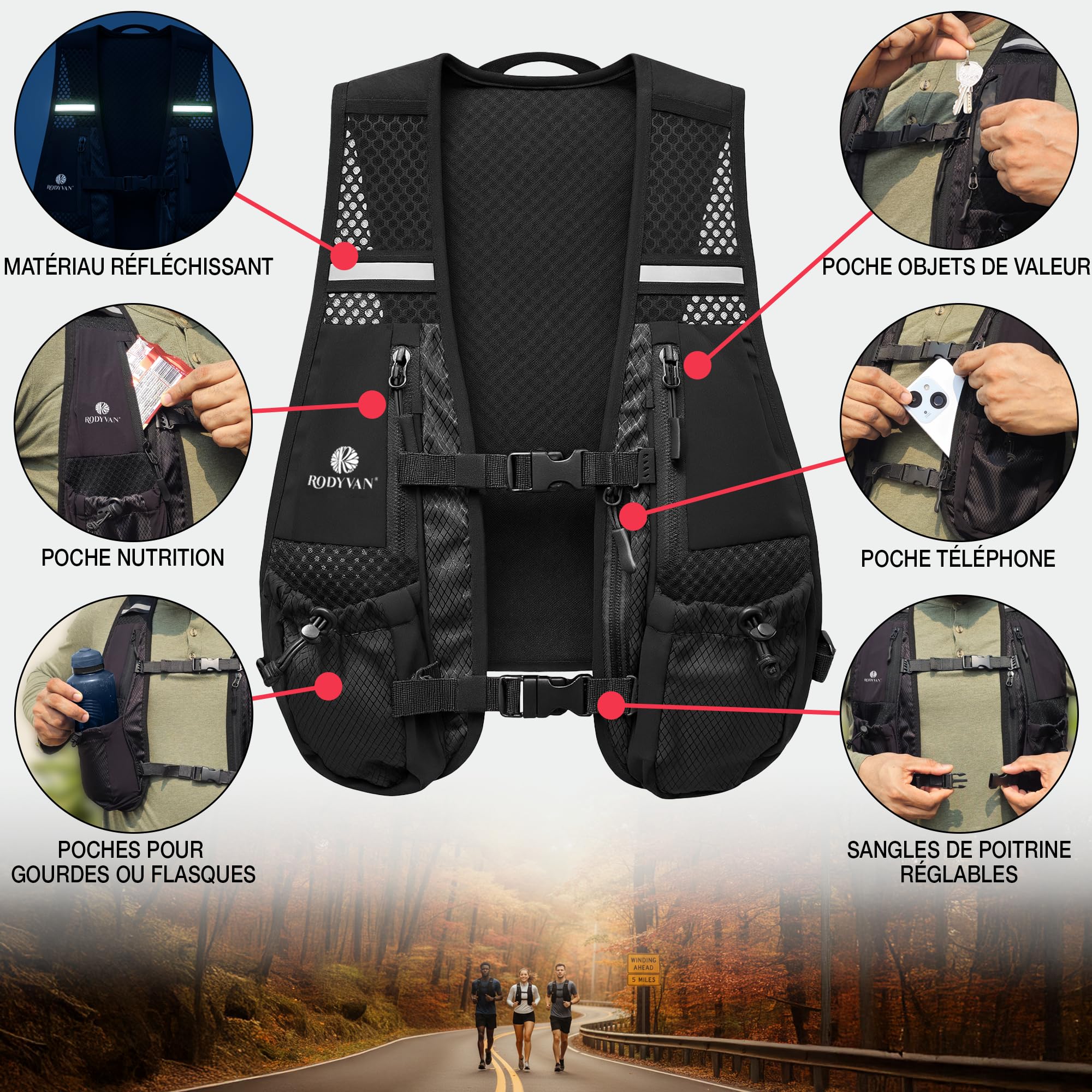 Gilet de course | Gilet réfléchissant réglable pour homme et femme avec support de téléphone et rangement | Sans rebondissement léger et respirant | Parfait pour la course à pied, le cyclisme