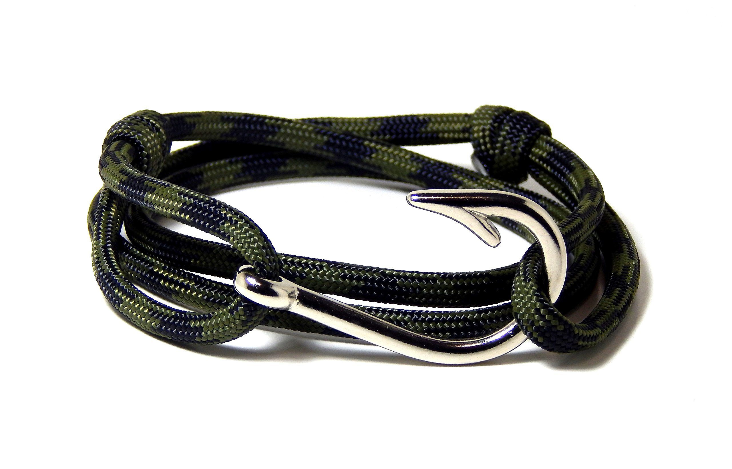 Men's Women's Nautical Fish Hook Bracelet Dark Camo Paracord Silver Tone Fish Hook Adjustable
