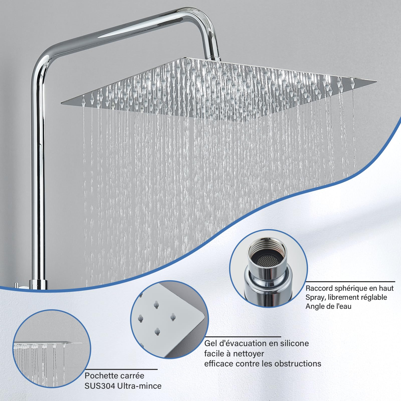 Colonne de Douche Sans Mitigeur,Colonne de Douche Chromé avec Tête de Douche Carré 30x30 CM Pour Baignoire Hauteur Réglable avec Pommeau de Douche en ABS