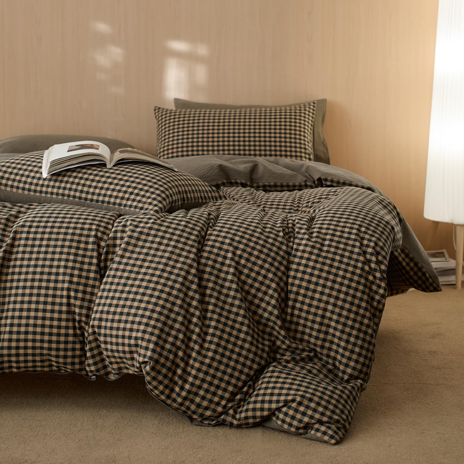 EAVD Vintage Dark Green&amp;Beige Plaid Duvet Cover Queen 100% Washed Cotton