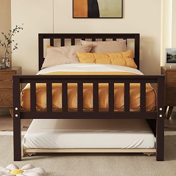 Twin Bed Frame with Trundle, Twin Platform Bed with Headboard & Footboard, Kids Platform Beds for Bedroom Small Living Space,No Box Spring Needed, Espresso