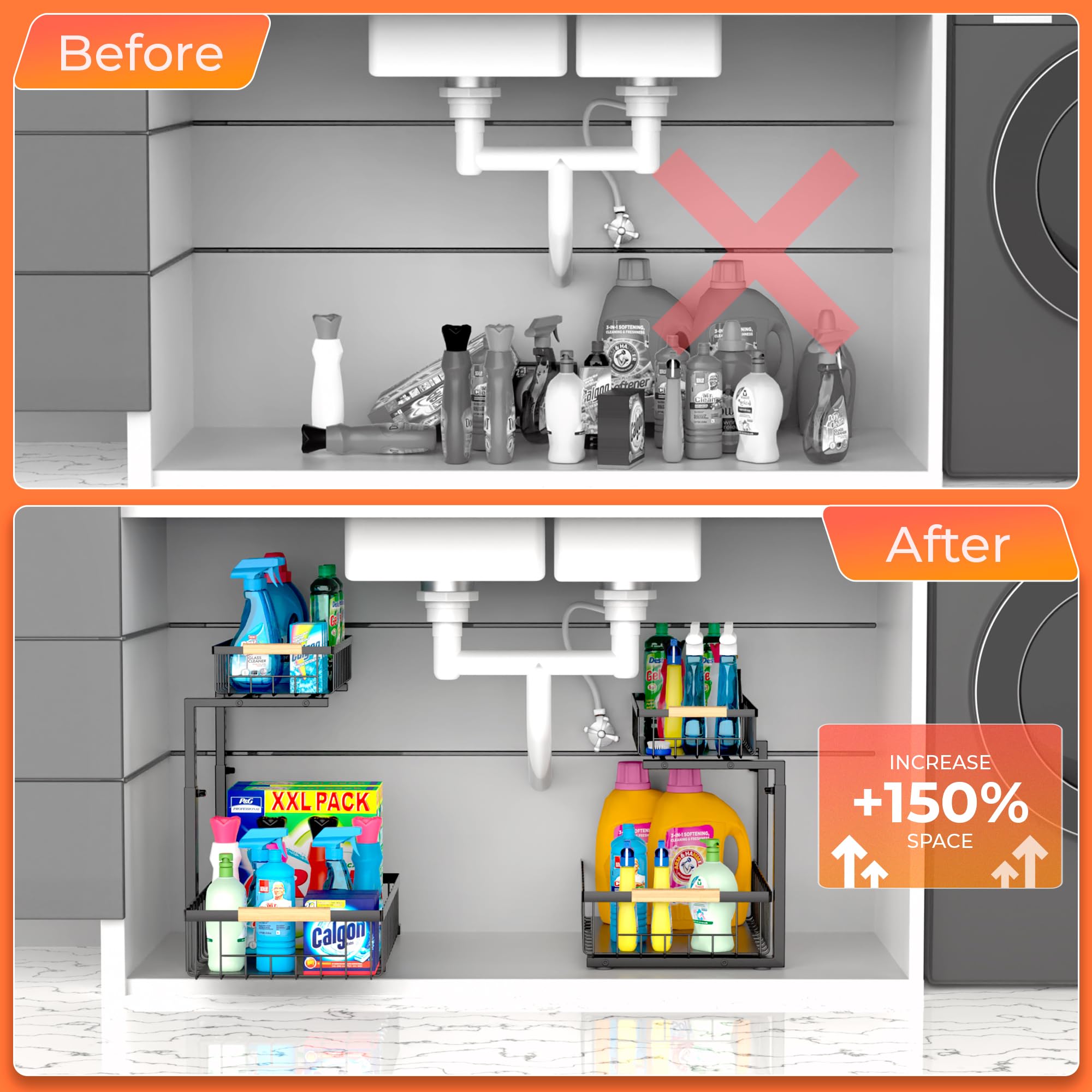 VENHOOUSE 2 Pack Under Kitchen Sink Organizer, 2 Tier Pull Out Cabinet Organizer, Metal Under Sink Organizer, Sliding Drawer Organizer for Kitchen Bathroom Pantry Cabinet Closet