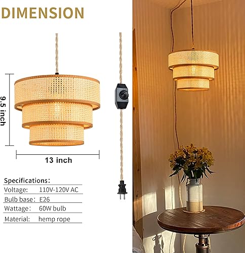 Miniatura 2 de XININSUN Lámpara Colgante Enchufable Luces Colgantes con Cable de Enchufe de 15 Pies Lámpara Colgante de Ratán Regulable Pantalla de Tambor Tejida