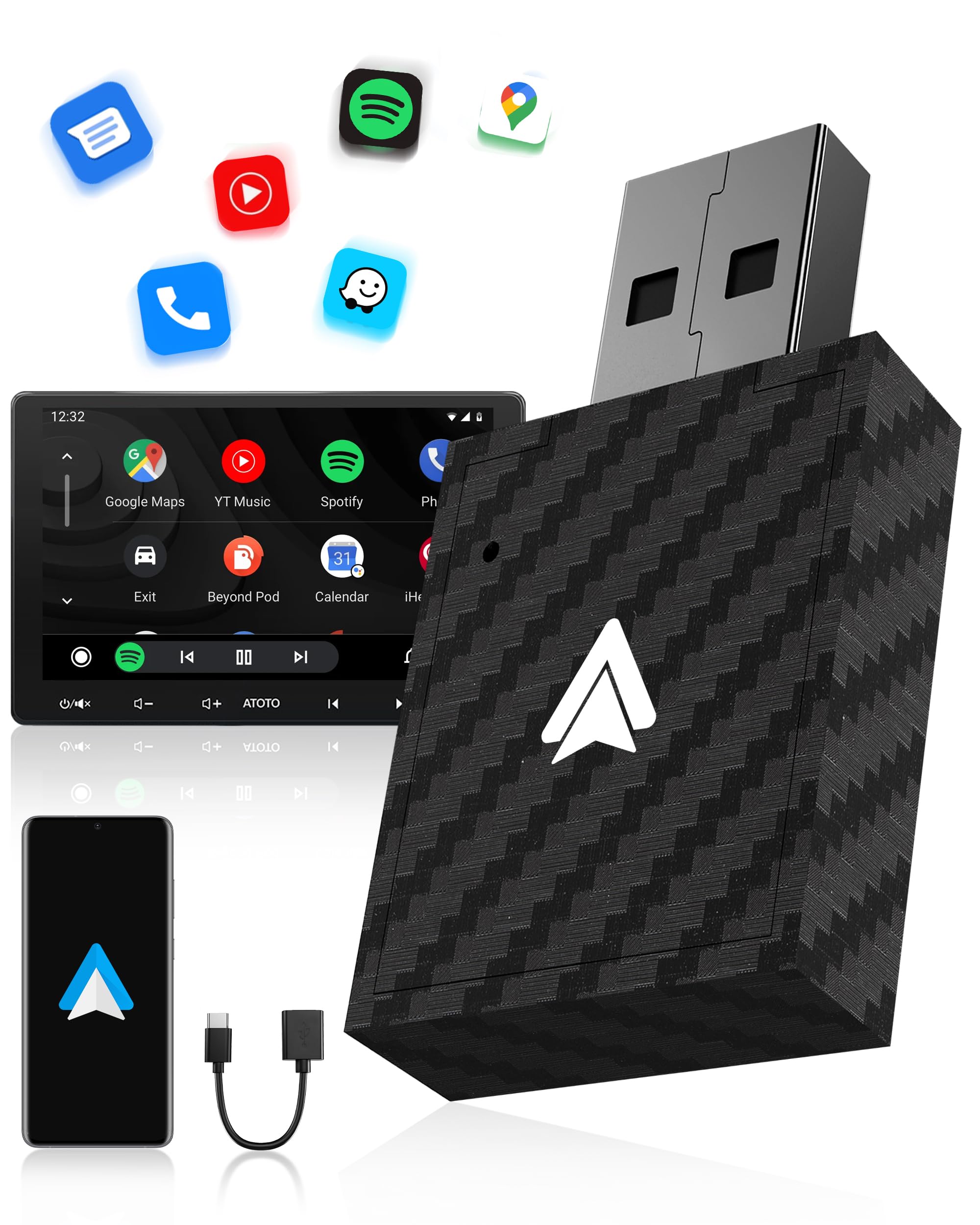 Adaptador Android Auto Inalámbrico, Bluetooth V5.3 Conexión Estable, 5.8GHz WiFi de Alta Velocidad, USB A/C, para Smartphone Android 11+, Convierte Conexión con Cable en Inalámbrica
