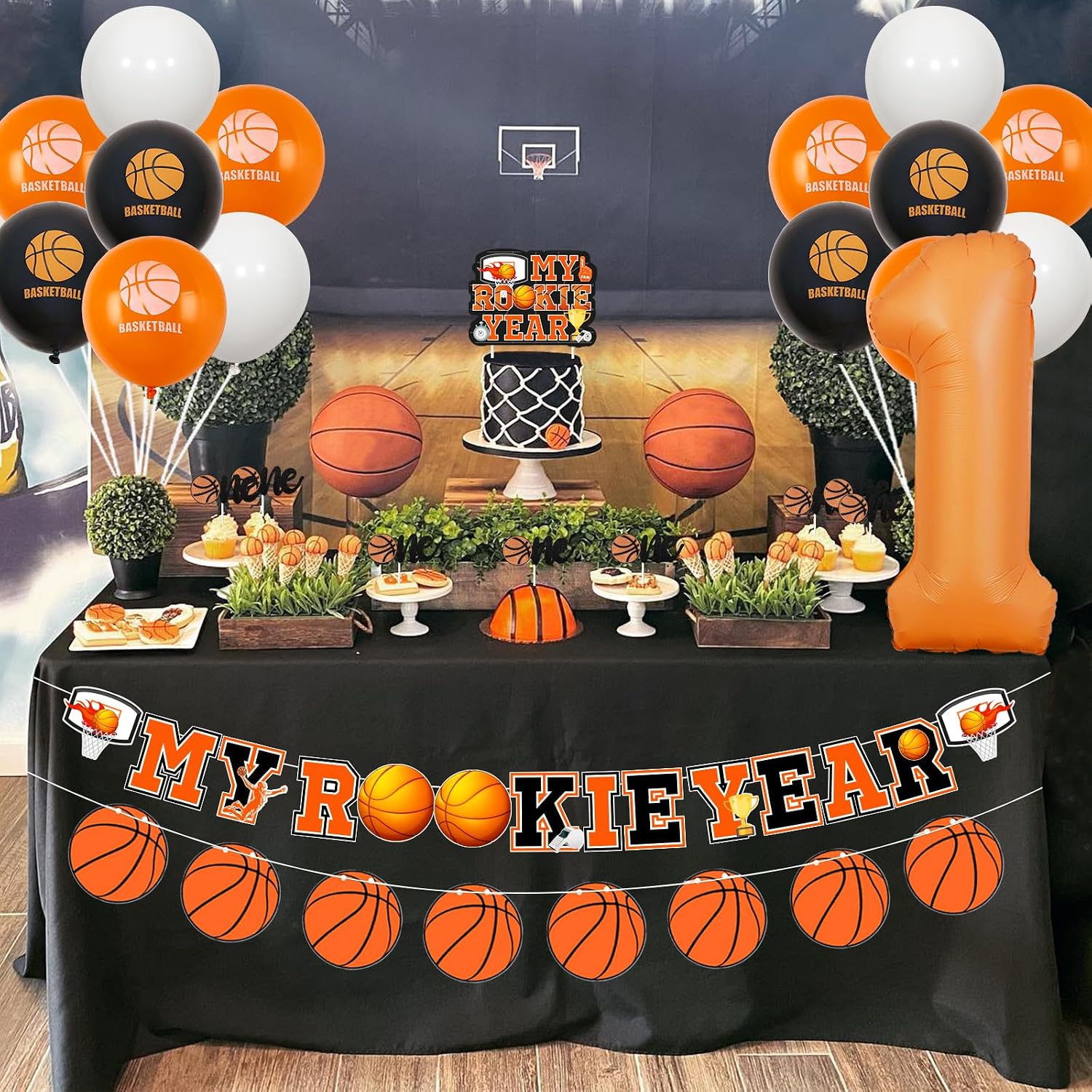 Basketball 1st Birthday Decorations for Boys - My Rookie Year Banner Cake Topper, Cupcake Toppers, Number 1 Balloon, Basketball Printed Balloons, Sports Theme Birthday Party Supplies