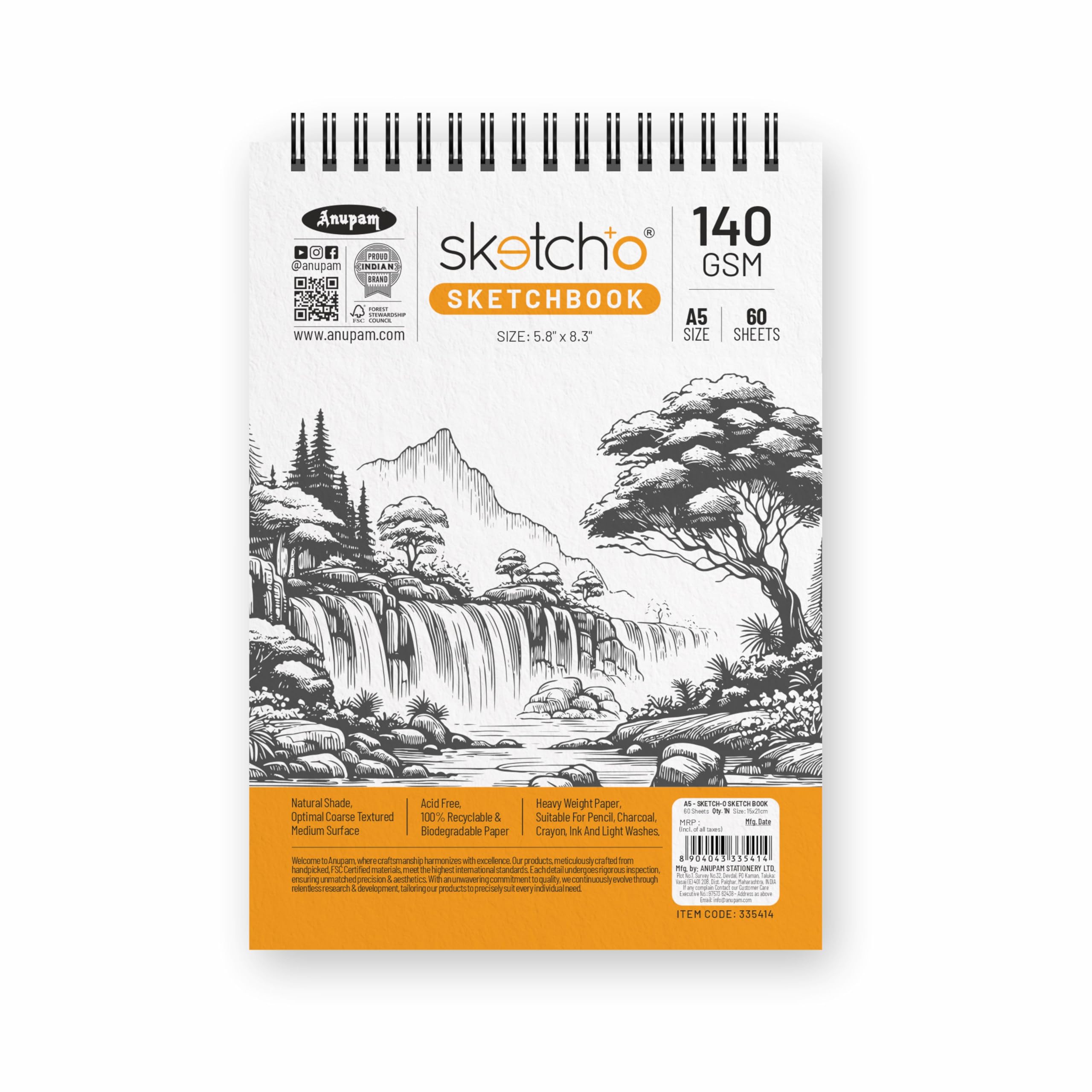 Anupam Sketch-O Sketchbook A5 | 50 Sheet 100 Pages | 140GSM | Durable Acid Free Drawing Paper |Top Spiral-Bound Sketchpad for Artists Kids & Professionals for Marker Colored Pencil Charcoal