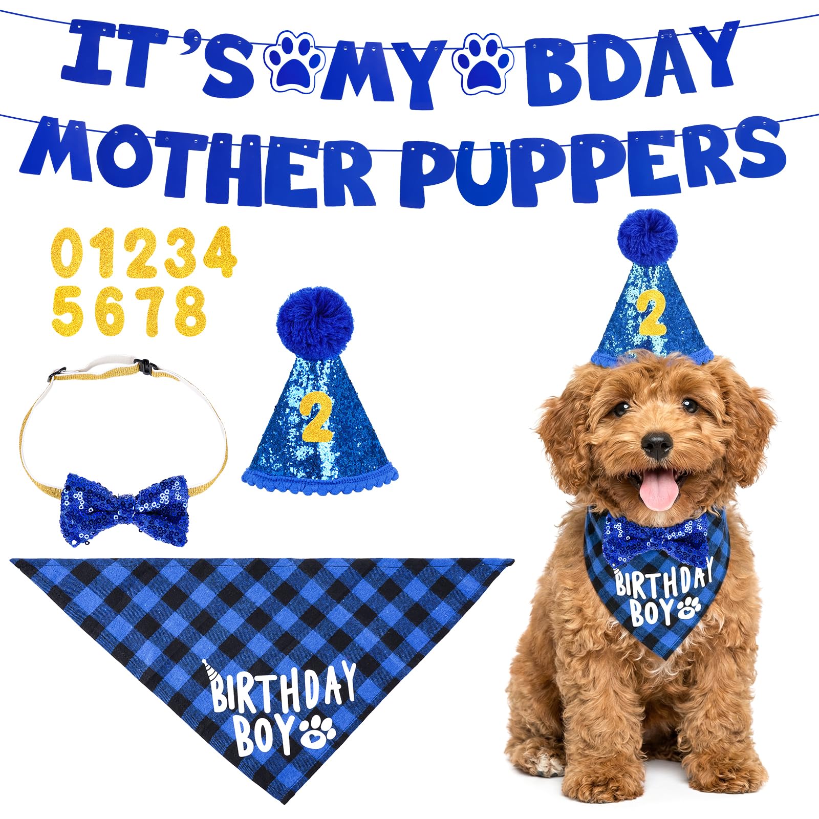 4 Pcs Dog Birthday Decorations It’s My Bday Mother Puppers Banner and Bow Tie Dog Birthday Hat with Numbers for Dogs Pets Party Supplies — image 1