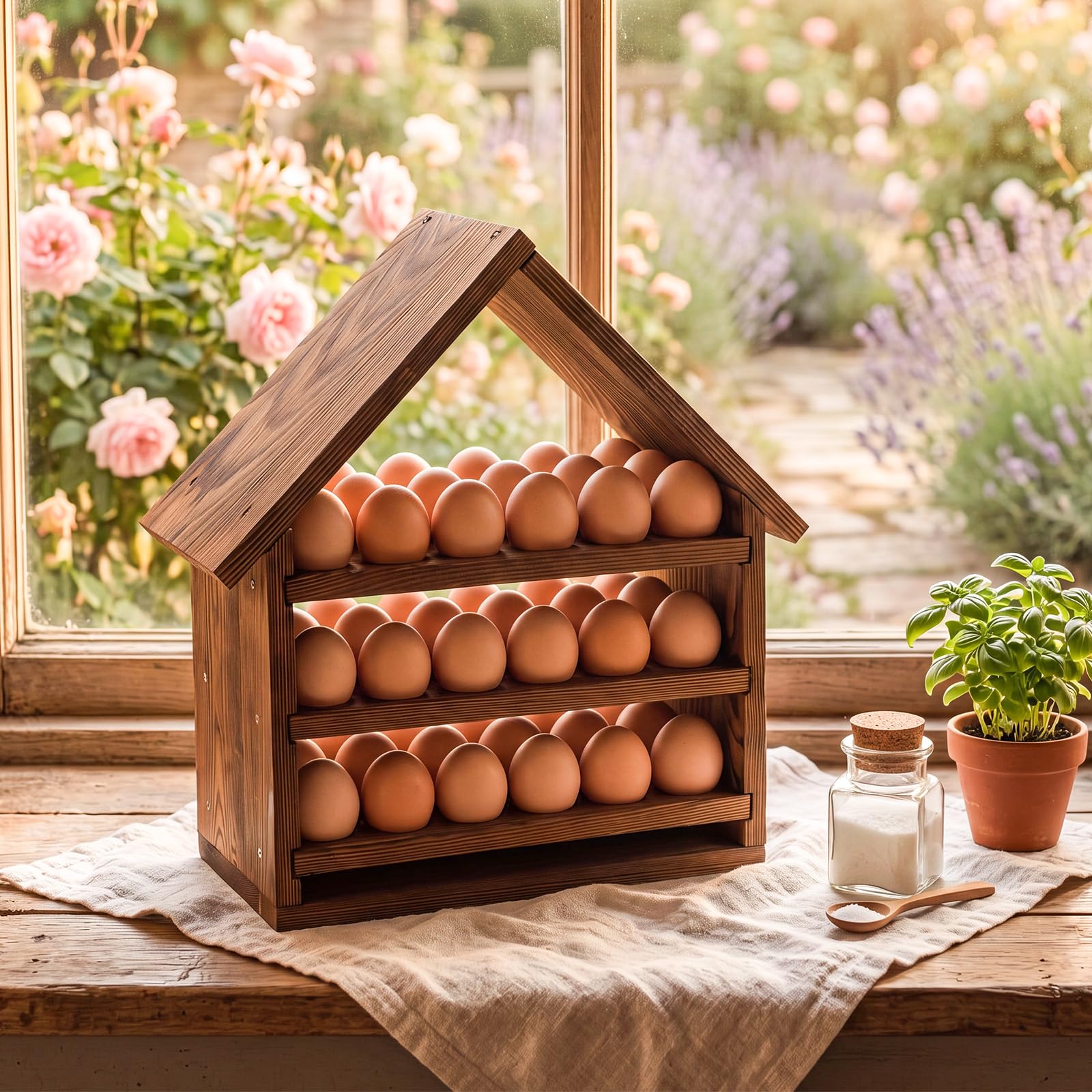 Remerry Soporte para huevos de madera para encimera, 3 niveles, forma de casa, almacenamiento de huevos frescos, cesta extraíble para el hogar, sala de manualidades, granja, cocina, mostrador