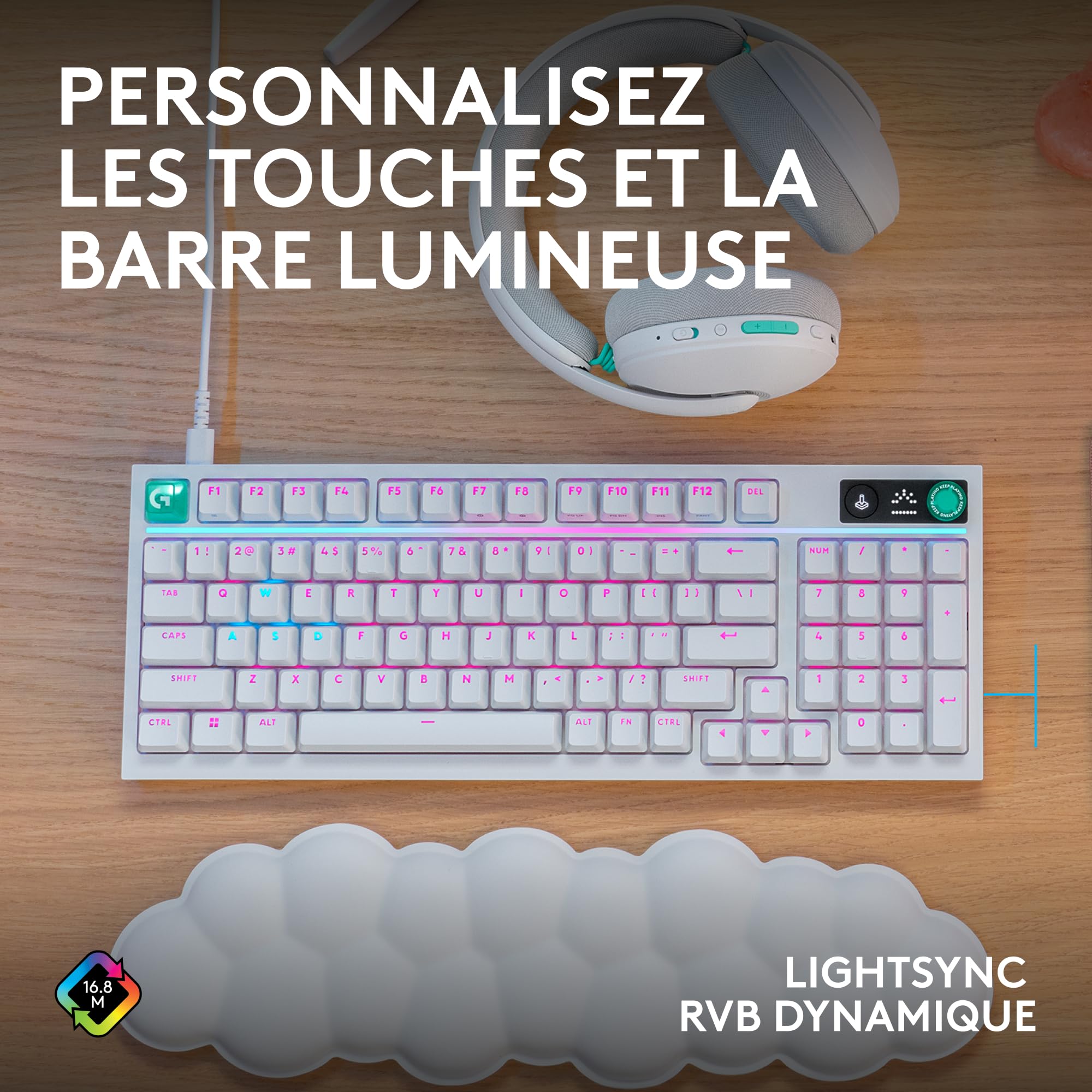 Logitech G G316 X 98, Clavier Gaming, 8 kHz, switchs tactiles Hot-Swap, Structure à Joint, Affichage LED matriciel & molette, Touches PBT Double Couche, USB-C, RVB LIGHTSYNC, PC, FRA AZERTY - Blanc