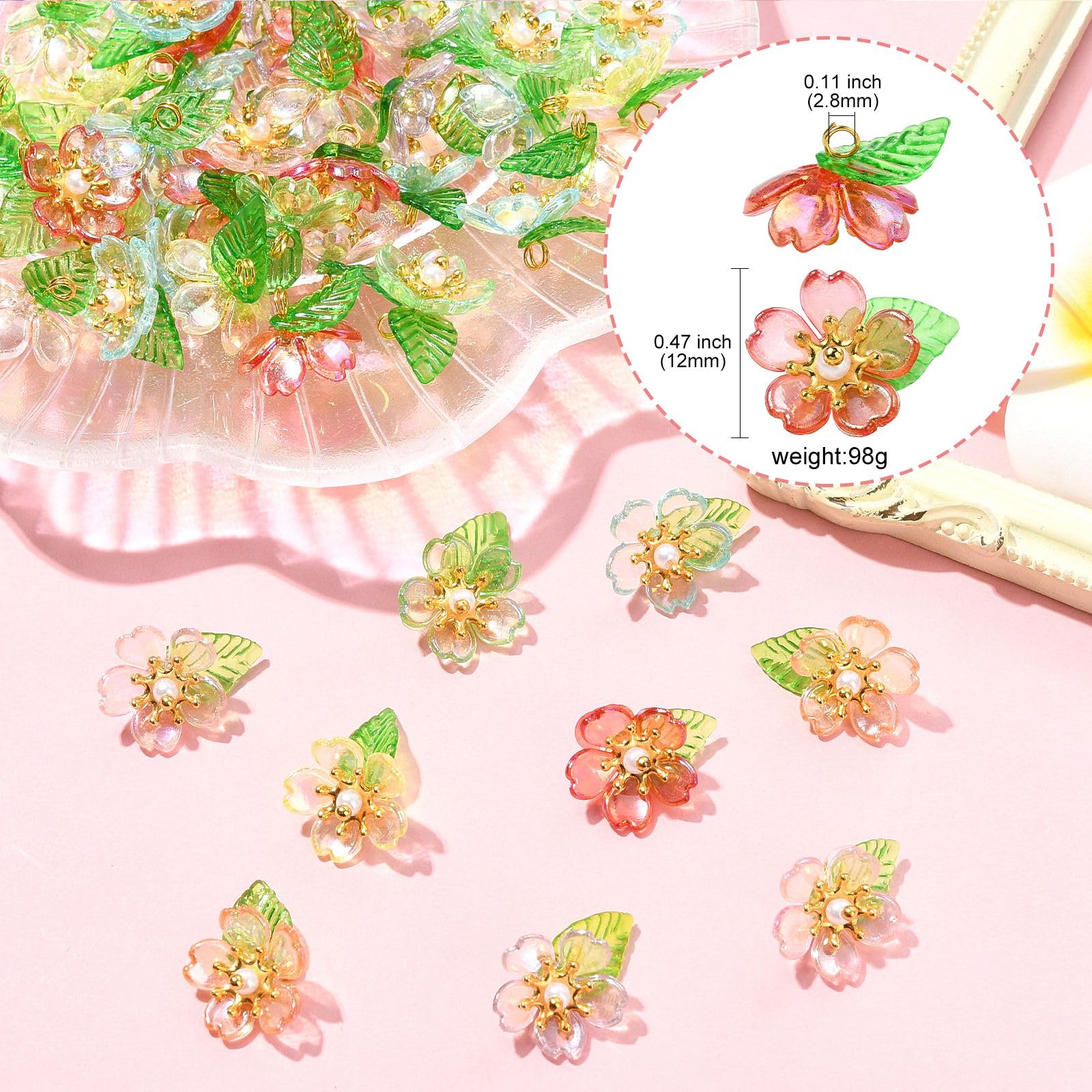 UR URLIFEHALL 100 Pcs Transparent Acrylic Flower Charms with Green Leaf Floral Shaped Charms for Jewellery Making DIY Spring Crafts Hairbands - Image 2