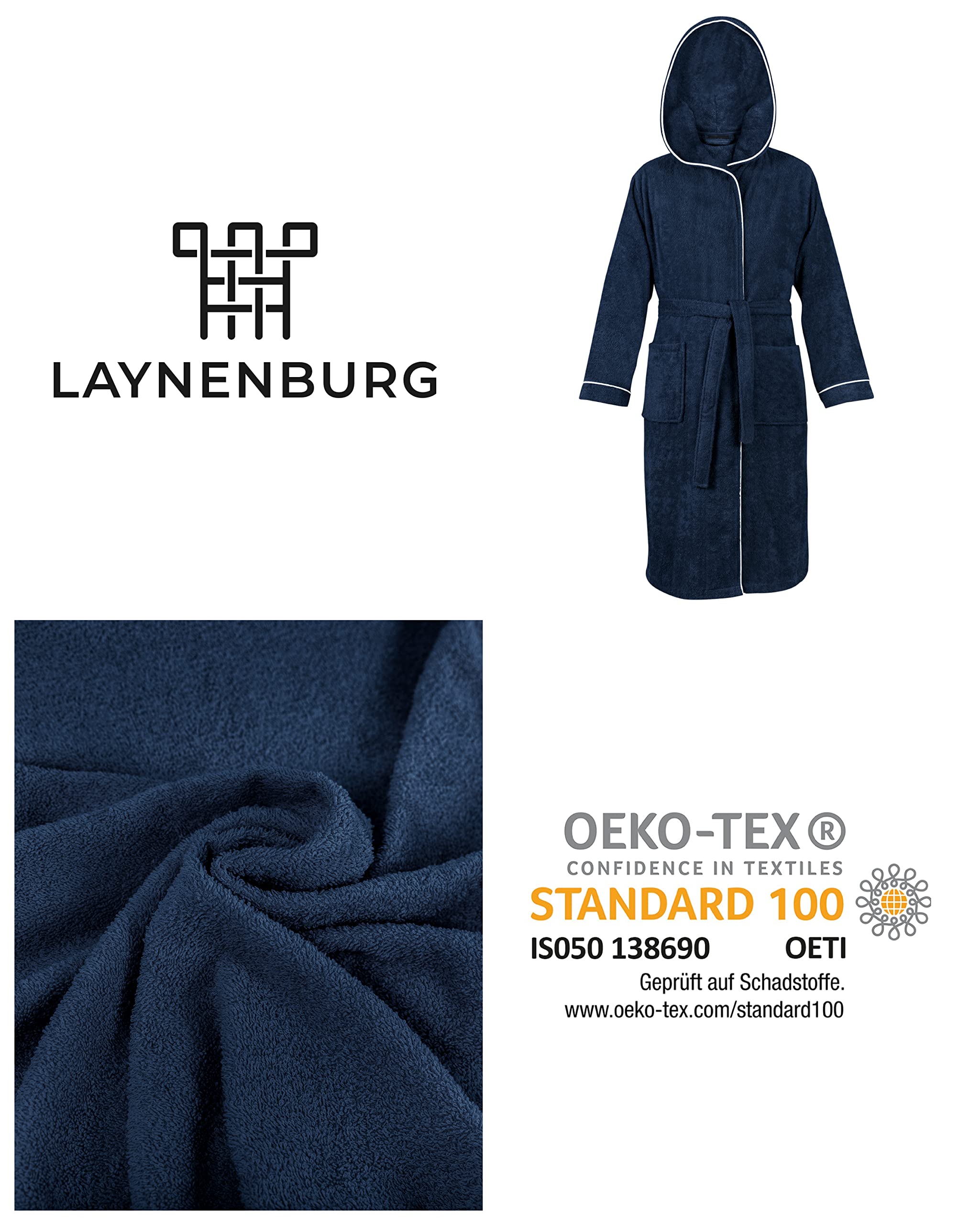 LAYNENBURG Accappatoio Uomo in spugna - Cappuccio - lungo - 100% Cotone (360g/m2) - OEKO TEX Standard 100 - Taglia M, L, XL, XXL, 3XL