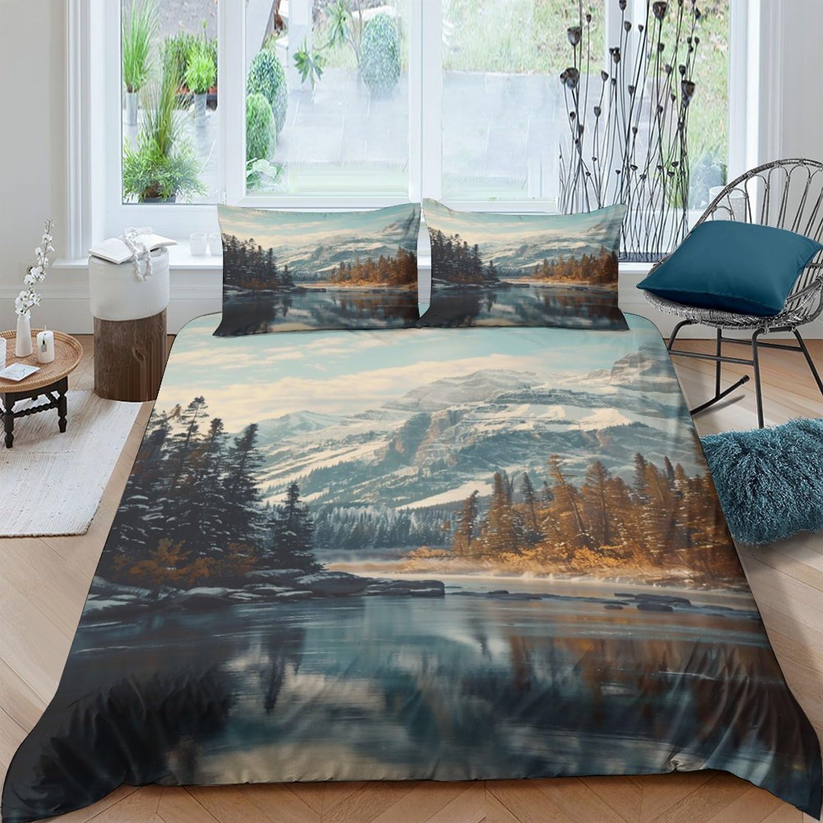 Ctjqhvkz Style-1 3D Printed Mountain Lake Fitted Sheet Microfiber Soft Nature Forest Bed Cover For Bedroom Guest Room Decor Protection Single（135X200cm）